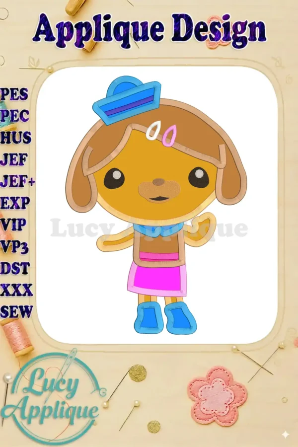 Embroidery design of Dashi from Octonauts, shown as an applique. The design includes Dashi in her signature outfit, ready to be stitched.