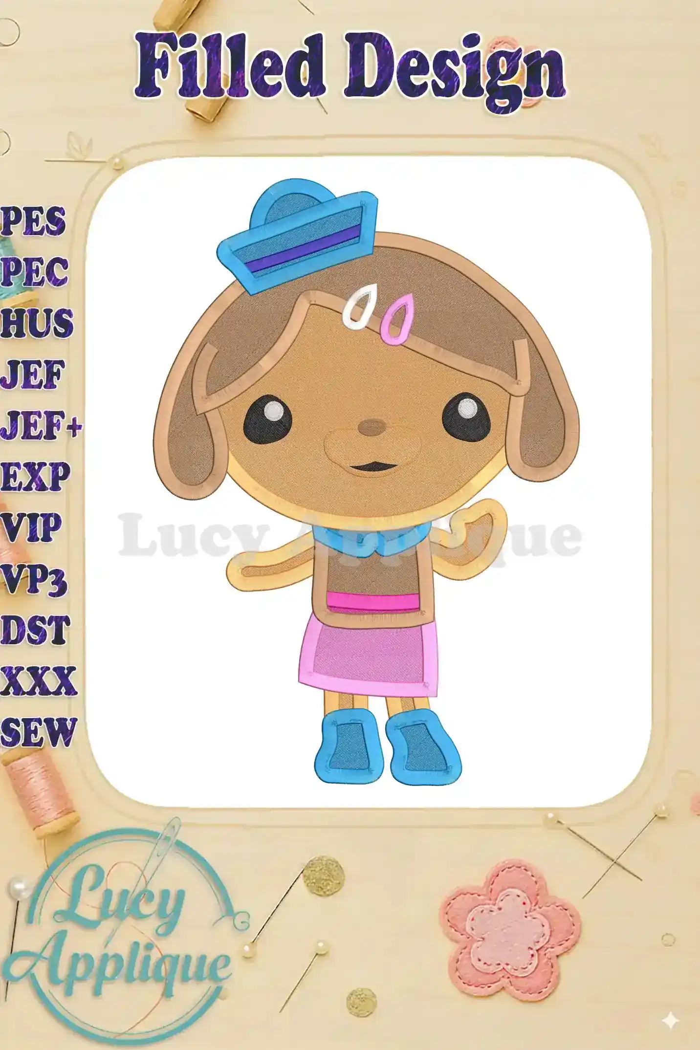 Embroidery design of Dashi from Octonauts, in a filled stitch style. The design showcases Dashi in her signature outfit, with vibrant colors and neat stitching.