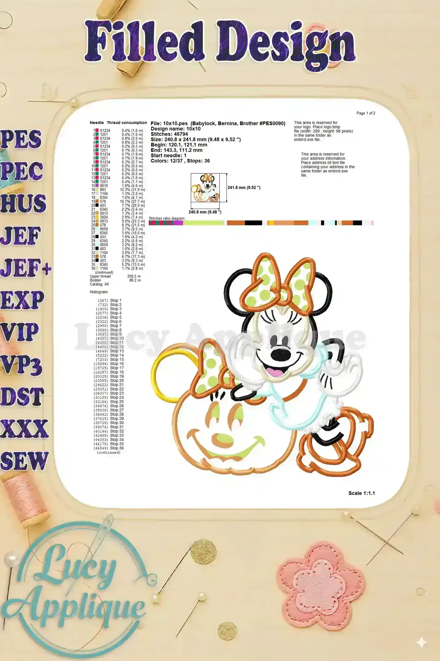 Additional information and details for the Pumpkin Minnie Mouse applique embroidery design, including a color chart and stitch count.