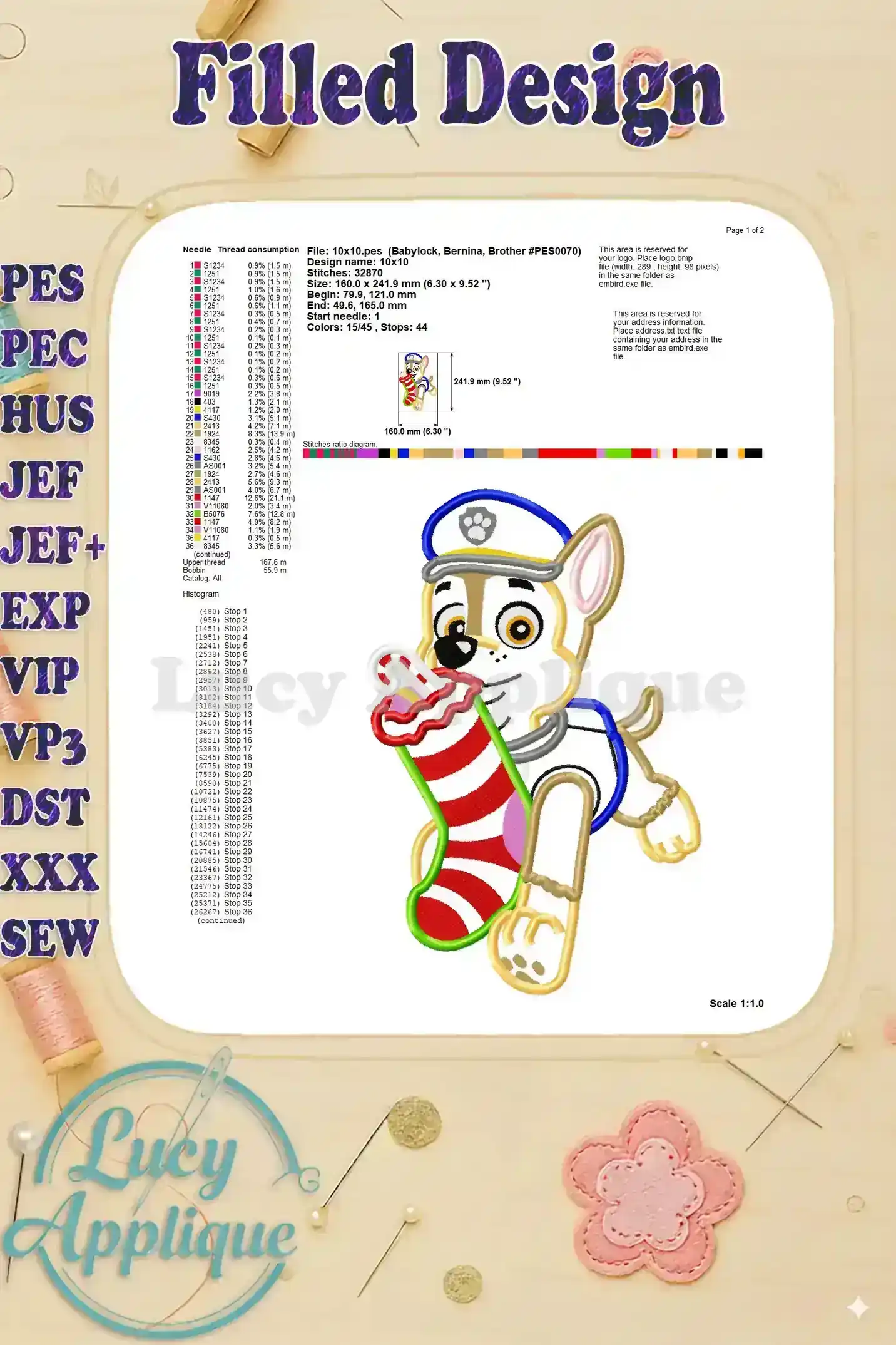 Filled design worksheet for the Paw Patrol applique, showing color chart, stitch details, and software information.
