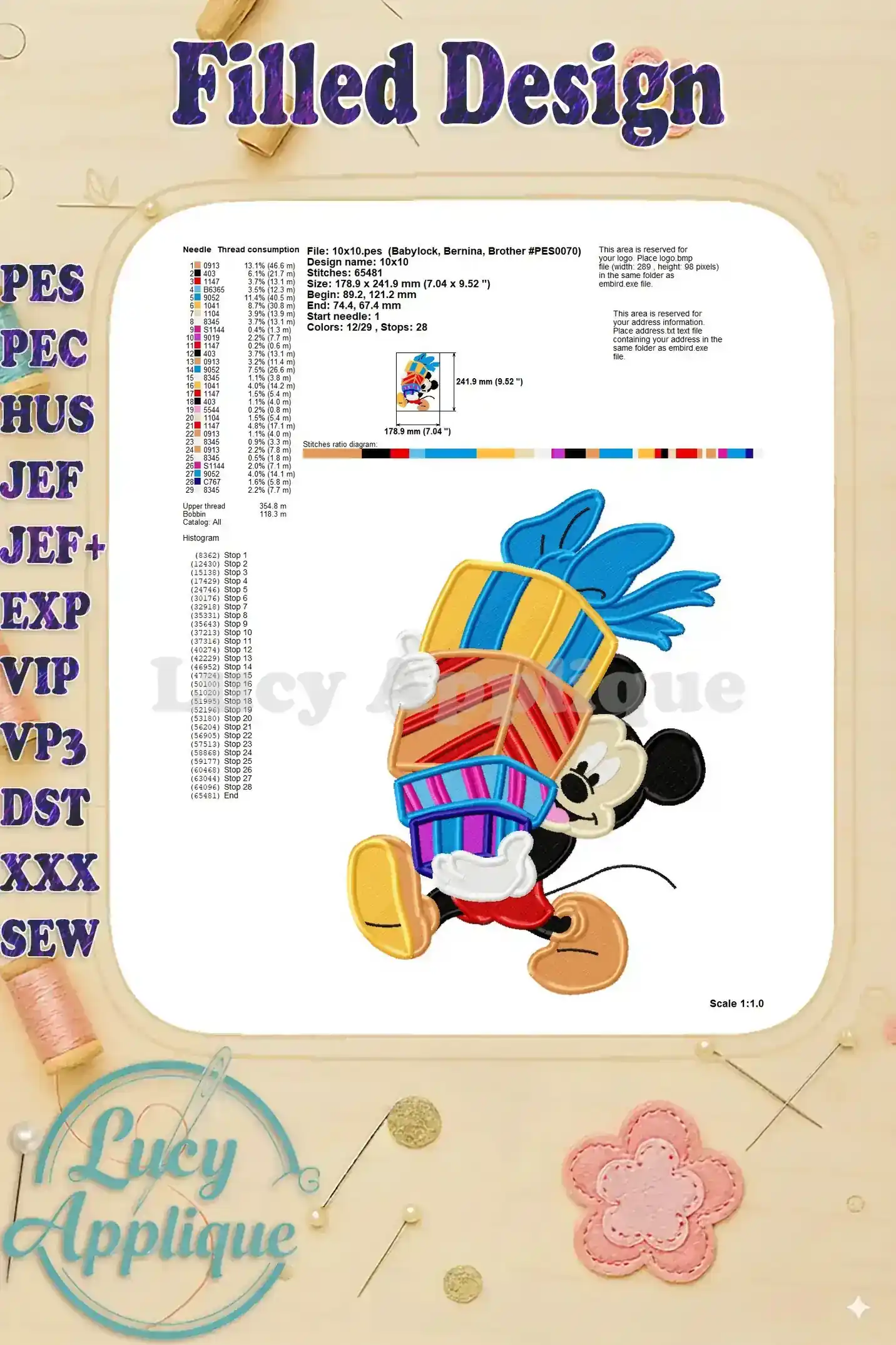 An image showing the embroidery design in its entirety, with scale and other important information included.