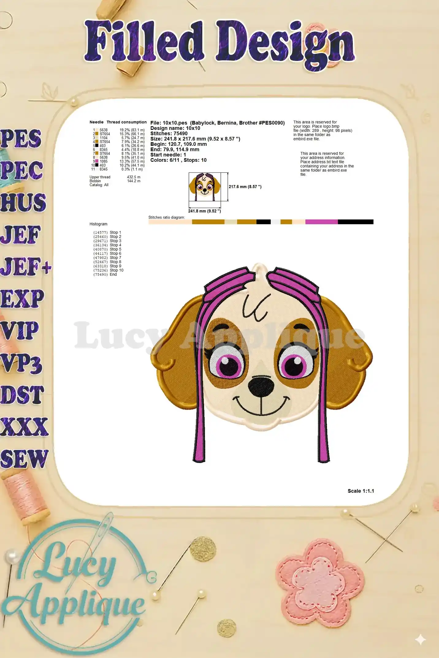A comprehensive diagram showing needle and thread information, design dimensions, and stitch details for the Skye embroidery design.
