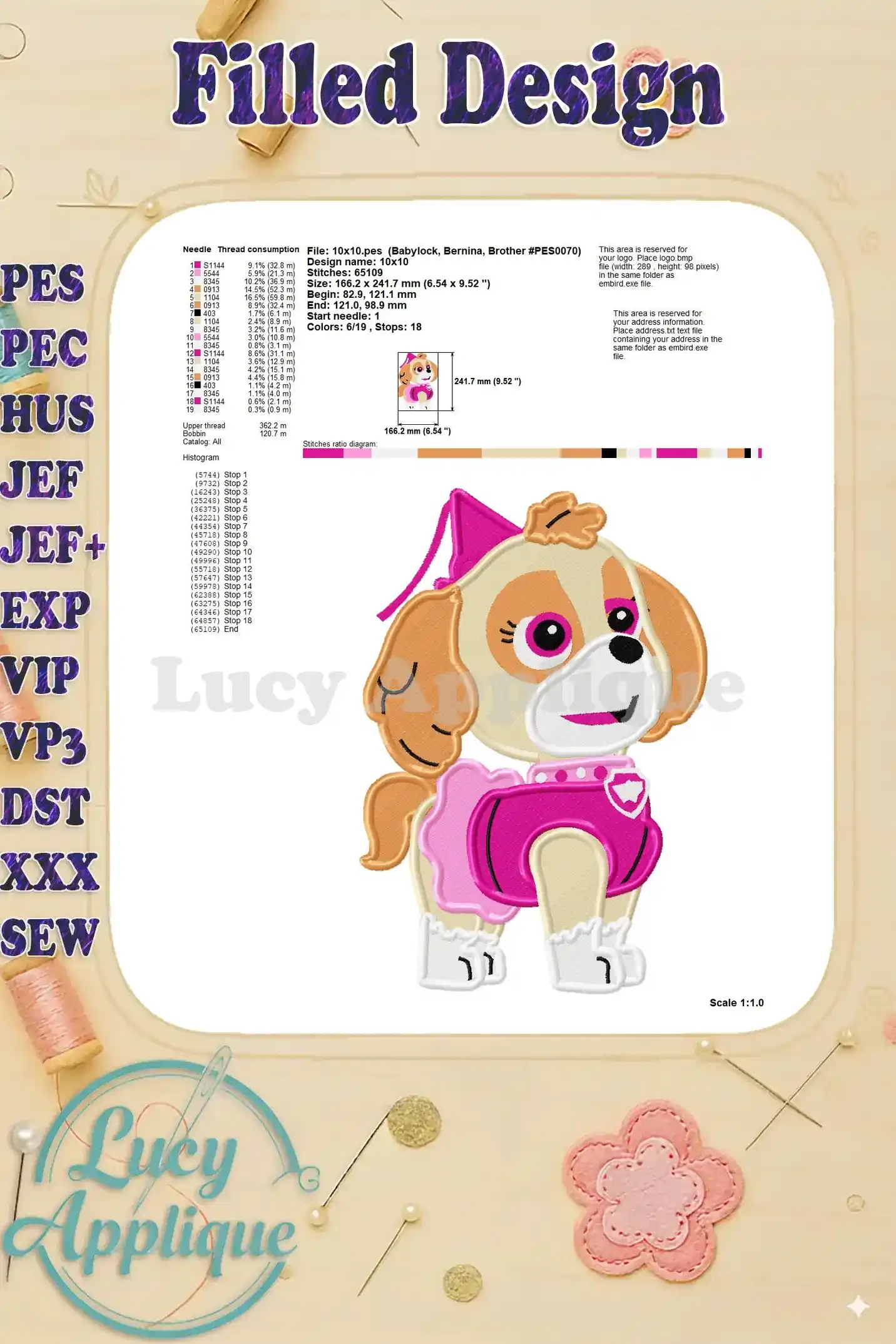 Detailed design layout with thread consumption information for the Halloween Skye embroidery design, ensuring a smooth and efficient embroidery process.