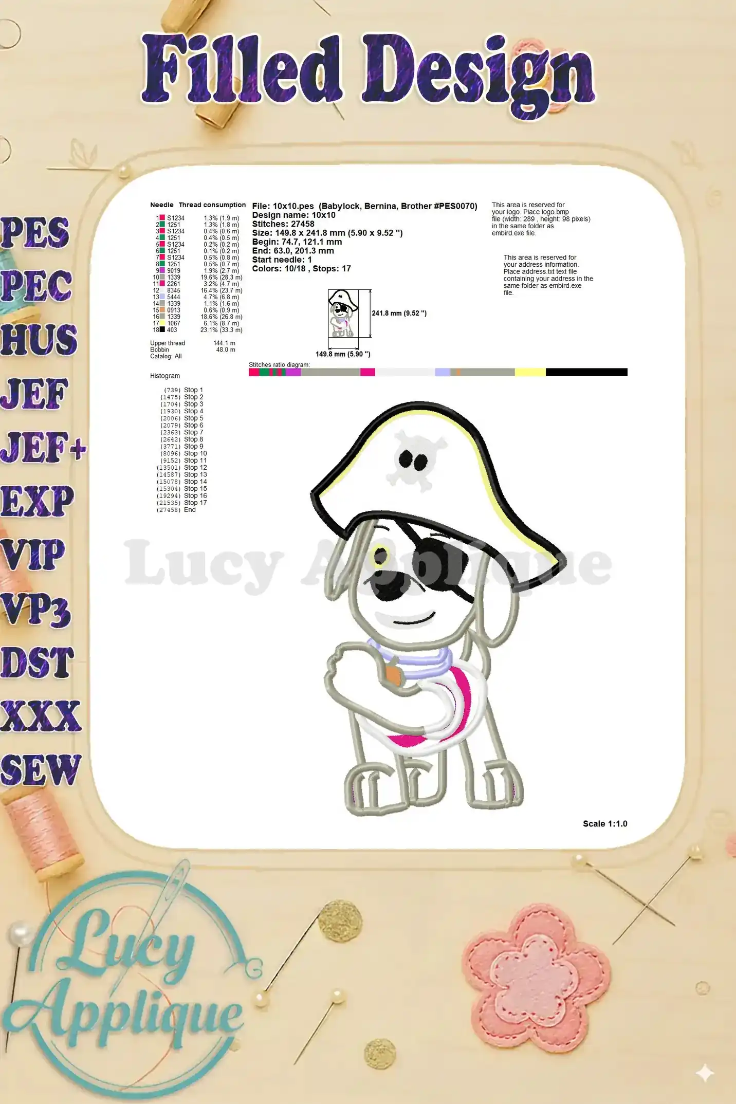 Detailed information about the thread consumption, design dimensions, stitches, and other crucial details of the Halloween Paw Patrol Zuma pirate applique design.