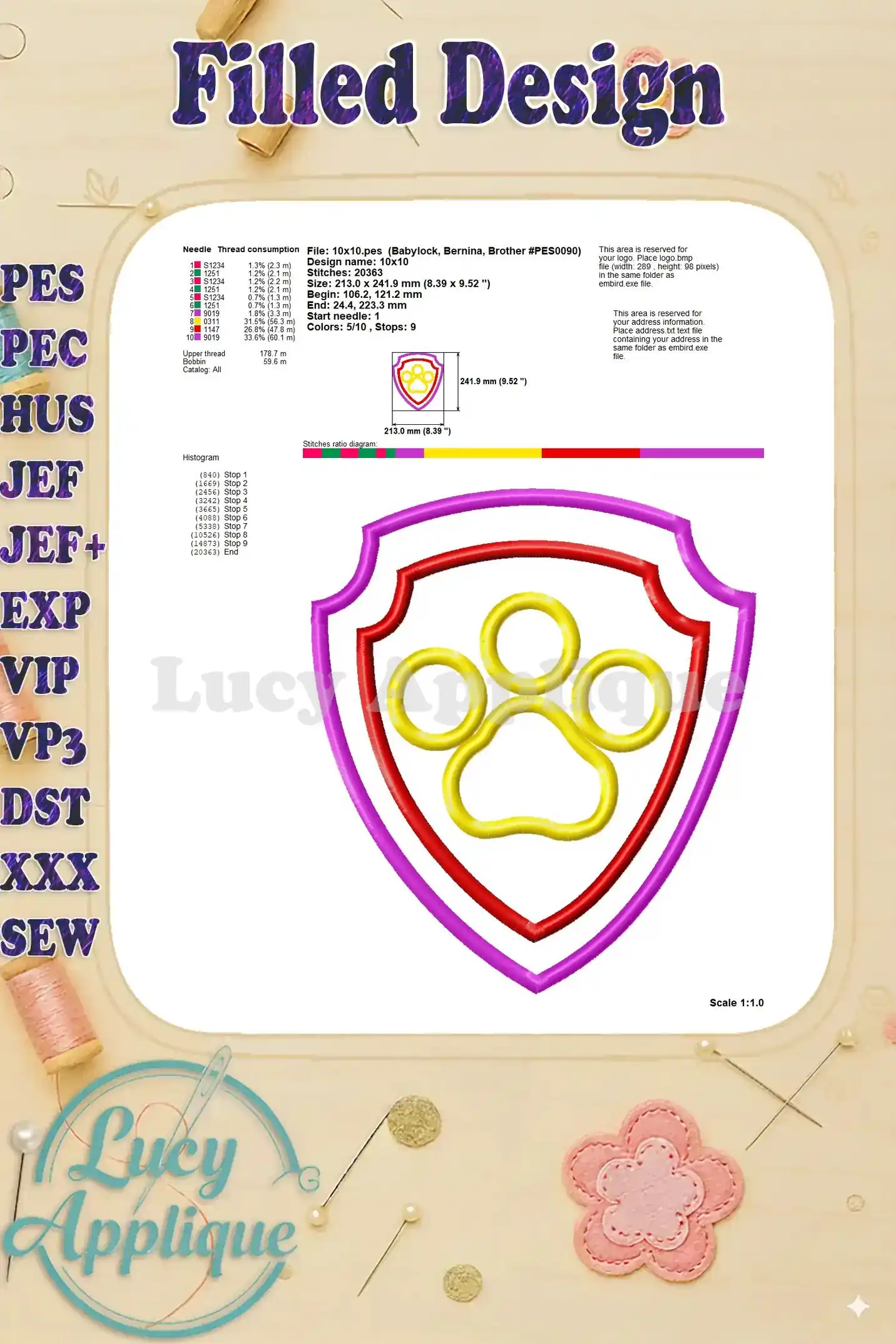 Detailed information on needle and thread requirements for the Paw Patrol filled embroidery design, including stitch diagram and scale.