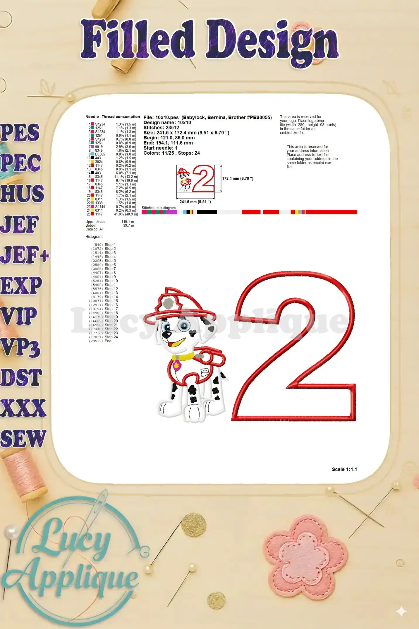 Filled design showing the various color options for the Marshall Paw Patrol birthday applique, with detailed information on thread consumption and design specifications.