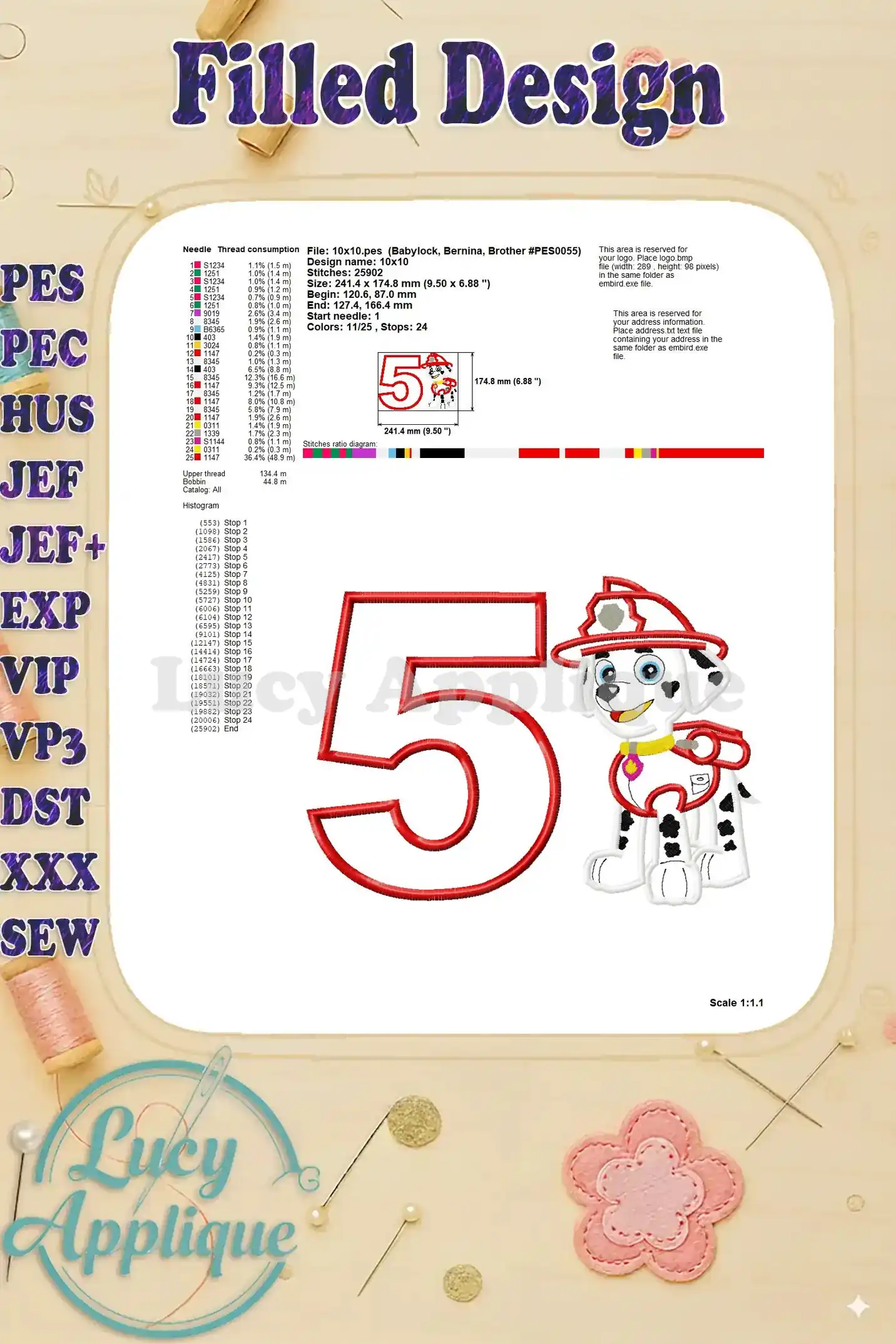 A filled design showing the completed embroidery with thread consumption details and scale.