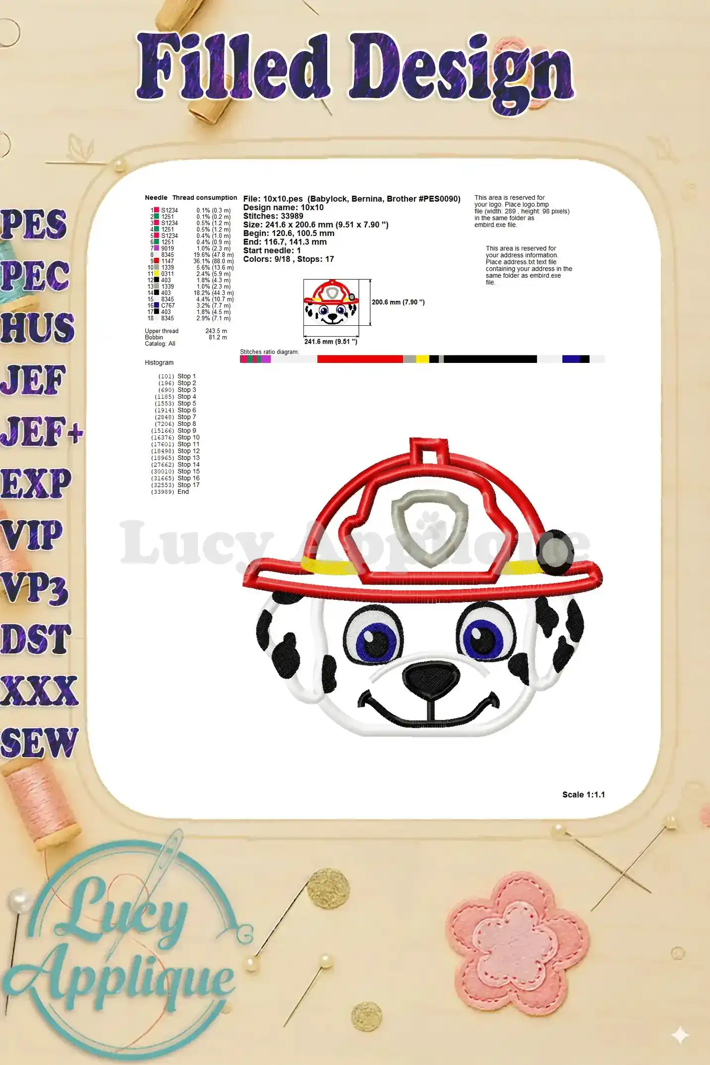 Additional filled design image providing needle thread consumption and other embroidery details for the Marshall applique.