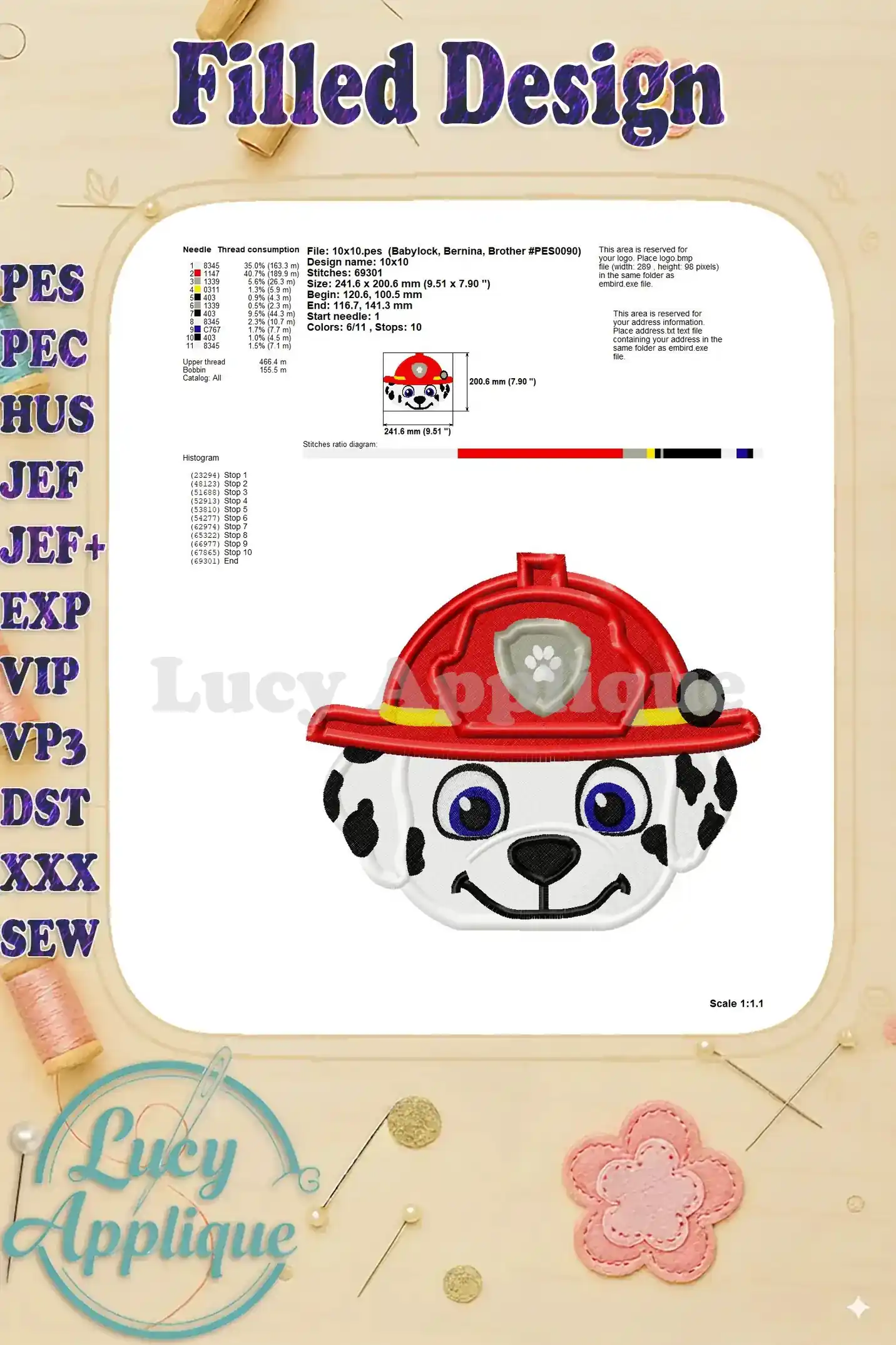 Needle thread consumption chart and design specifications for the Marshall Paw Patrol embroidery, providing essential details for stitching.
