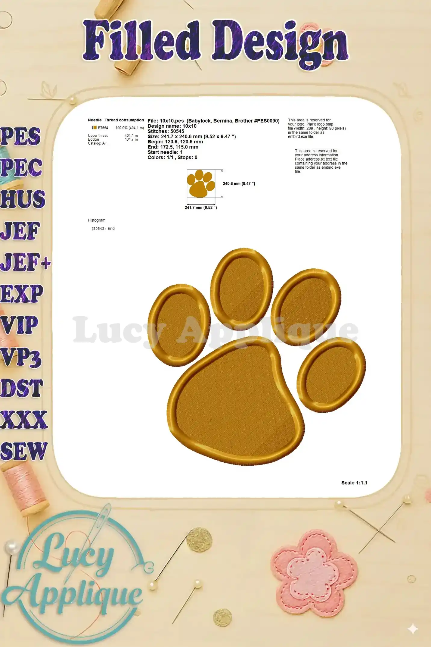 Detailed information on the Paw Patrol paw print embroidery design, including thread consumption, needle size, and design dimensions. Scale is 1:1.