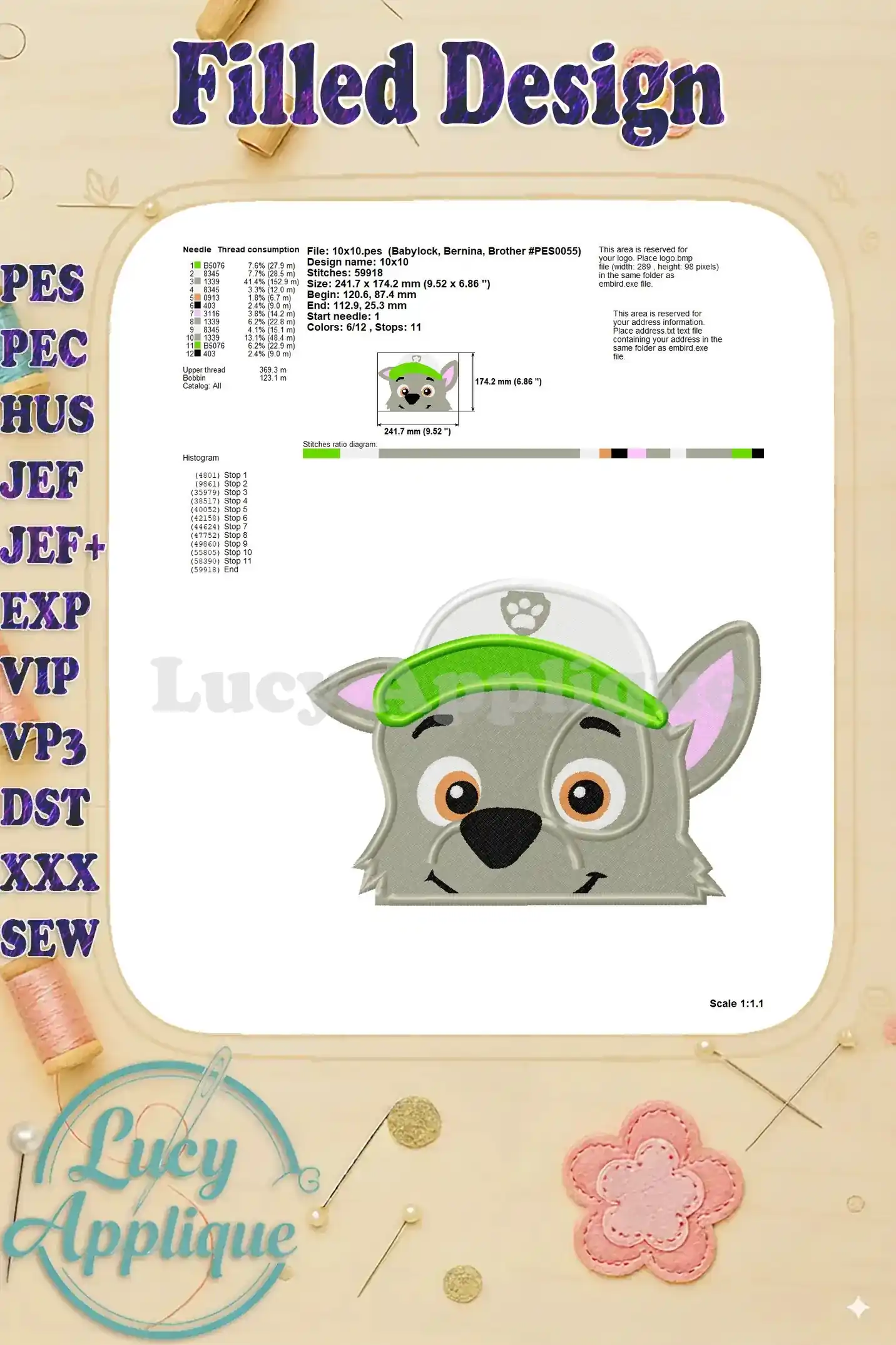 Needle and thread consumption chart for Rocky Paw Patrol machine embroidery design, along with detailed design specifications and scale information.