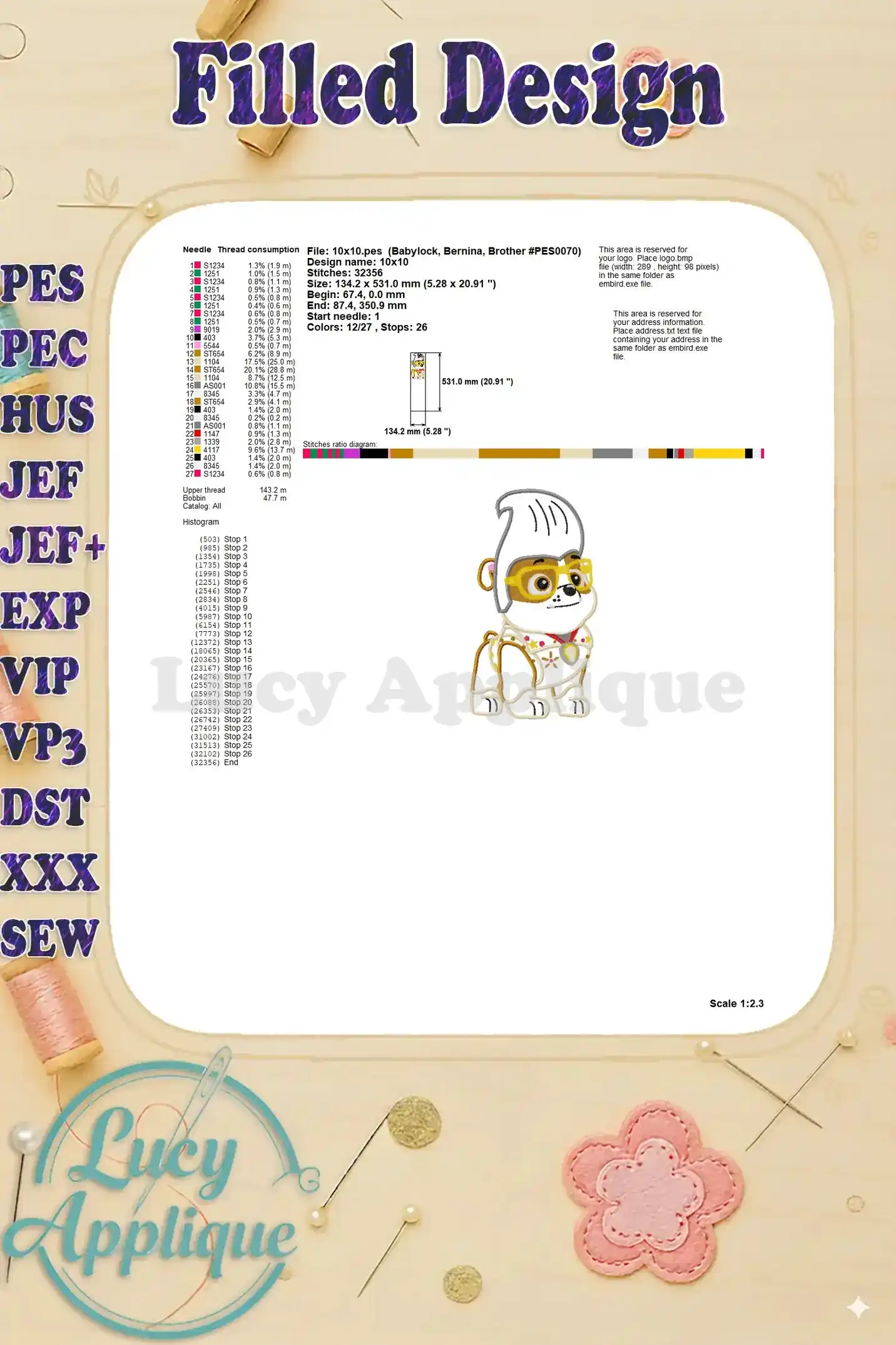 Detailed information regarding needle, thread, and stitch specifications for the Rubble Halloween applique. Includes a diagram and scale.