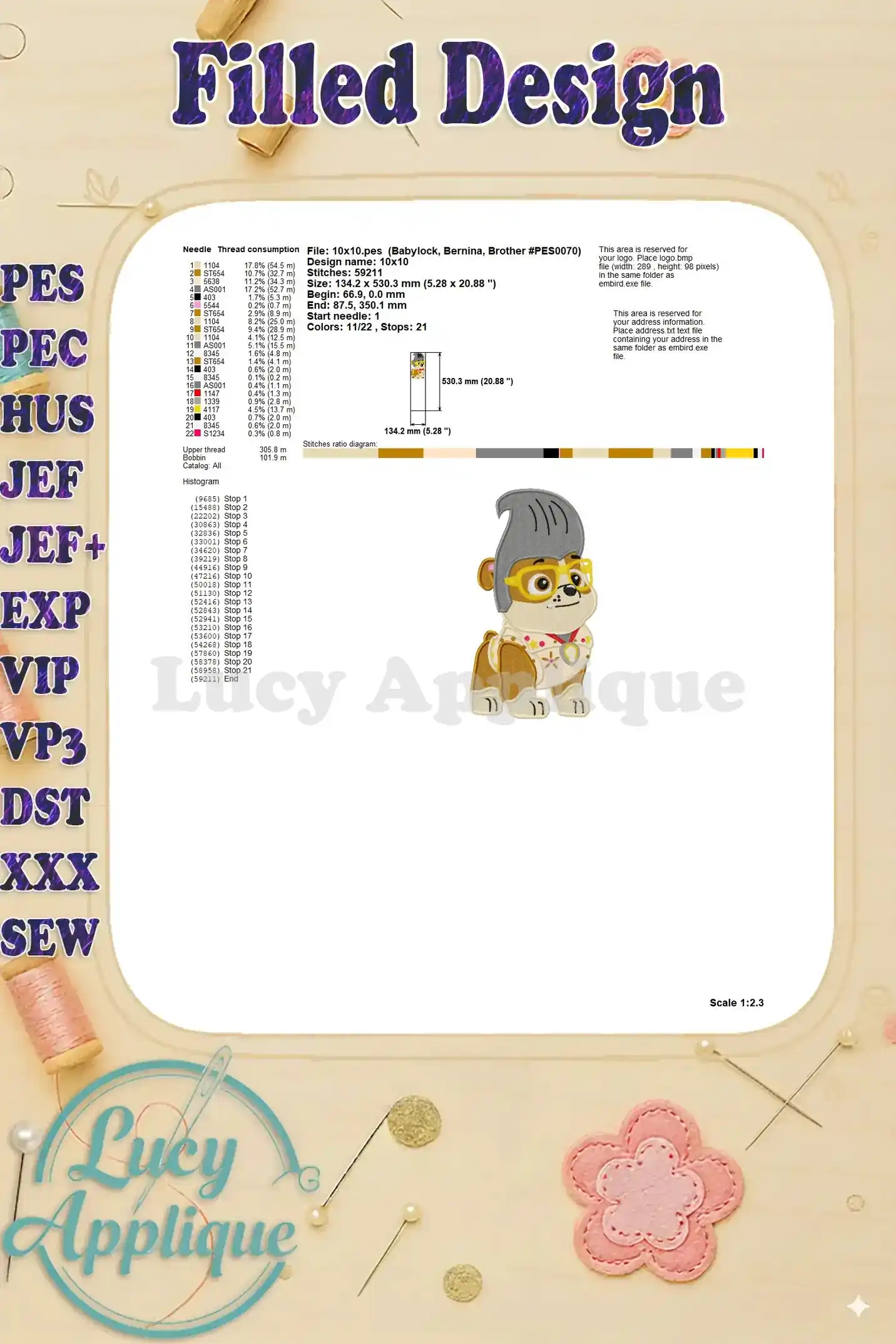 Needle and thread information for the Rubble Halloween embroidery design, including stitch diagram and scale.