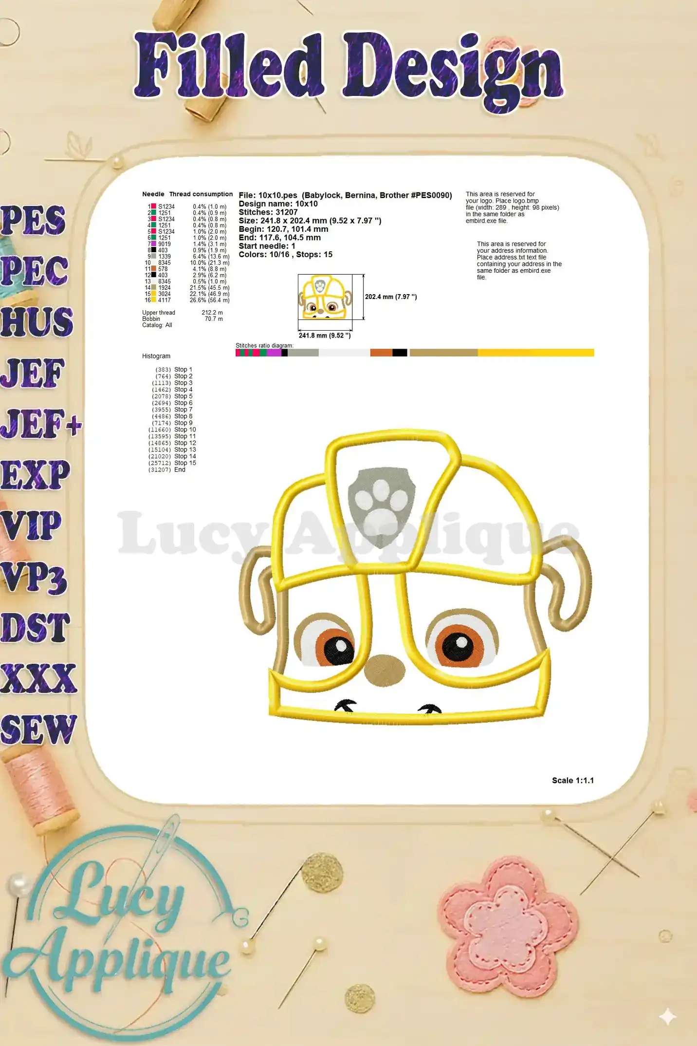 Detailed information on thread consumption, stitch count, and design dimensions for the Rubble applique embroidery.