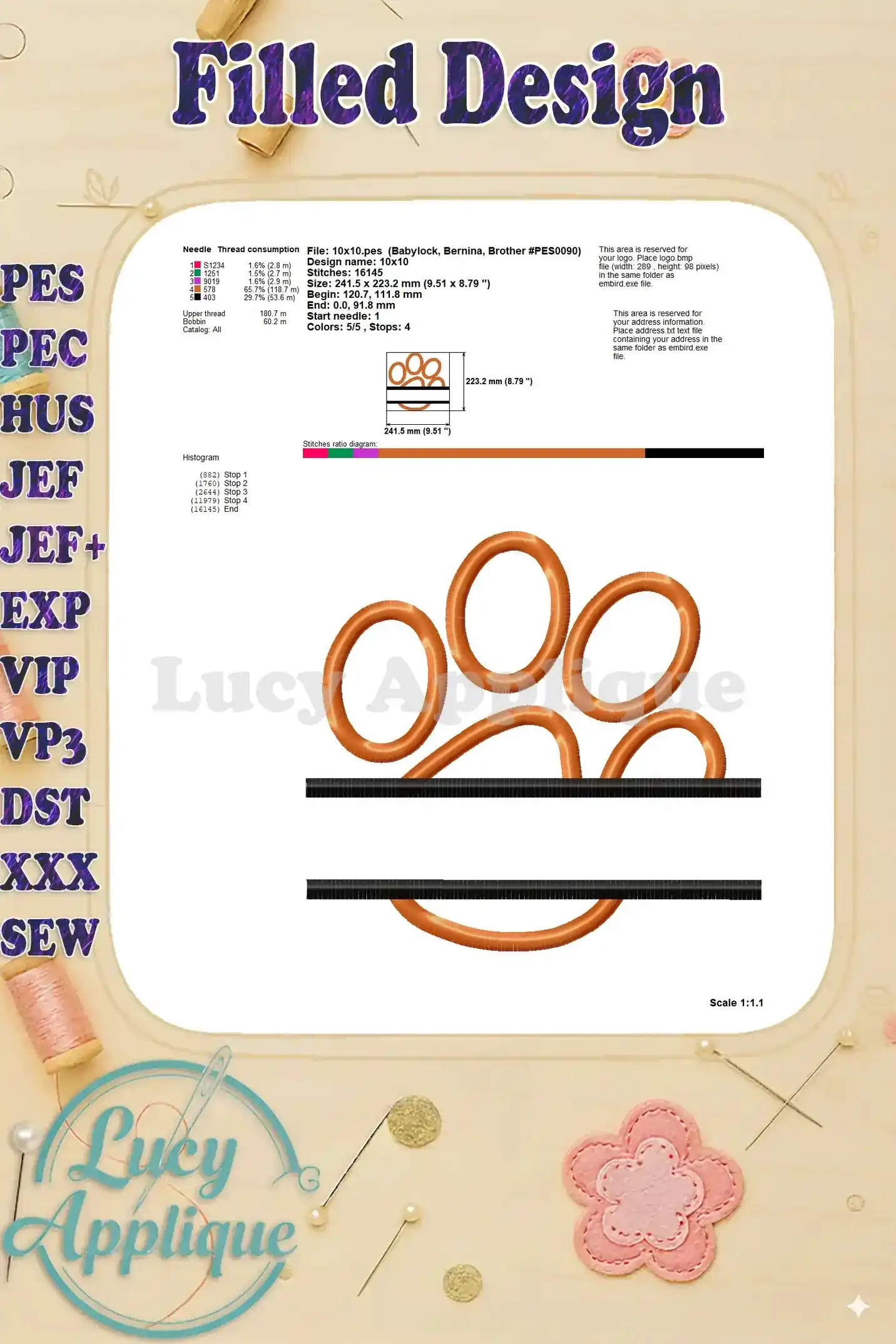 Detailed information on thread consumption, design dimensions, and stitch diagram for the Split Paw Patrol applique embroidery design.