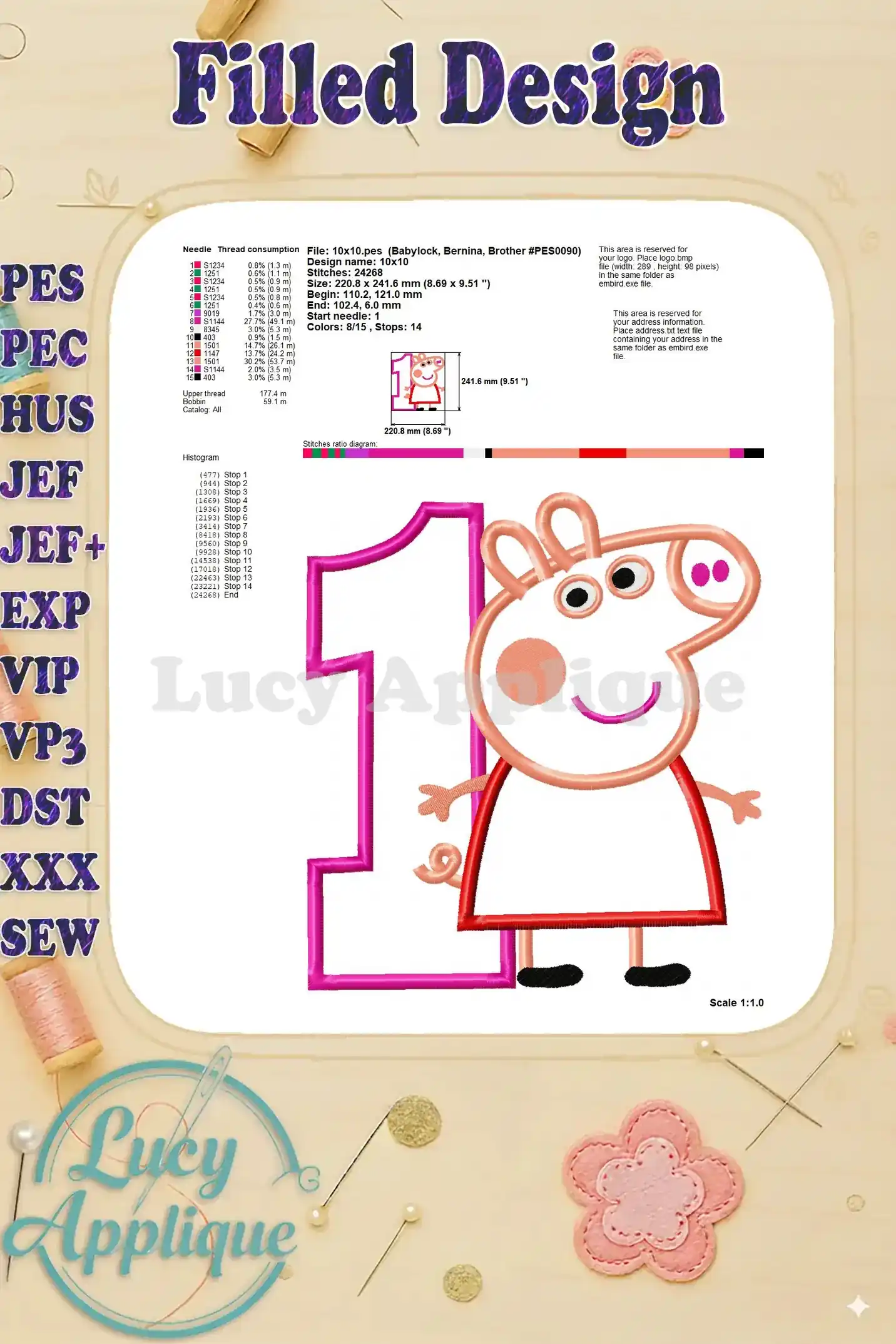 Detailed filled design image of the Peppa Pig first birthday embroidery, showing the completed design with all elements stitched, including stitch counts and needle information.