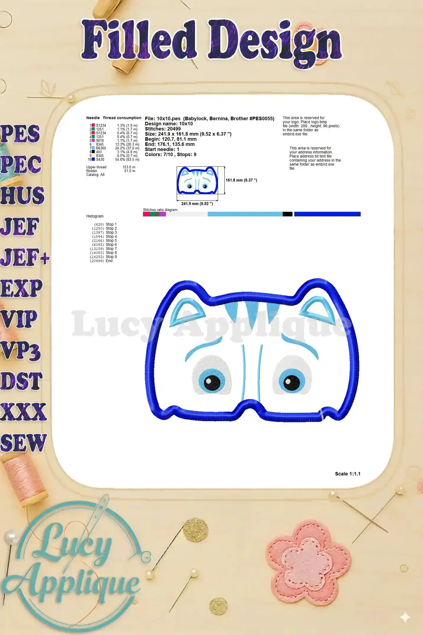 Detailed information about the filled Catboy applique design, including needle consumption, stitch count, and design dimensions. This provides more information for embroiderers.