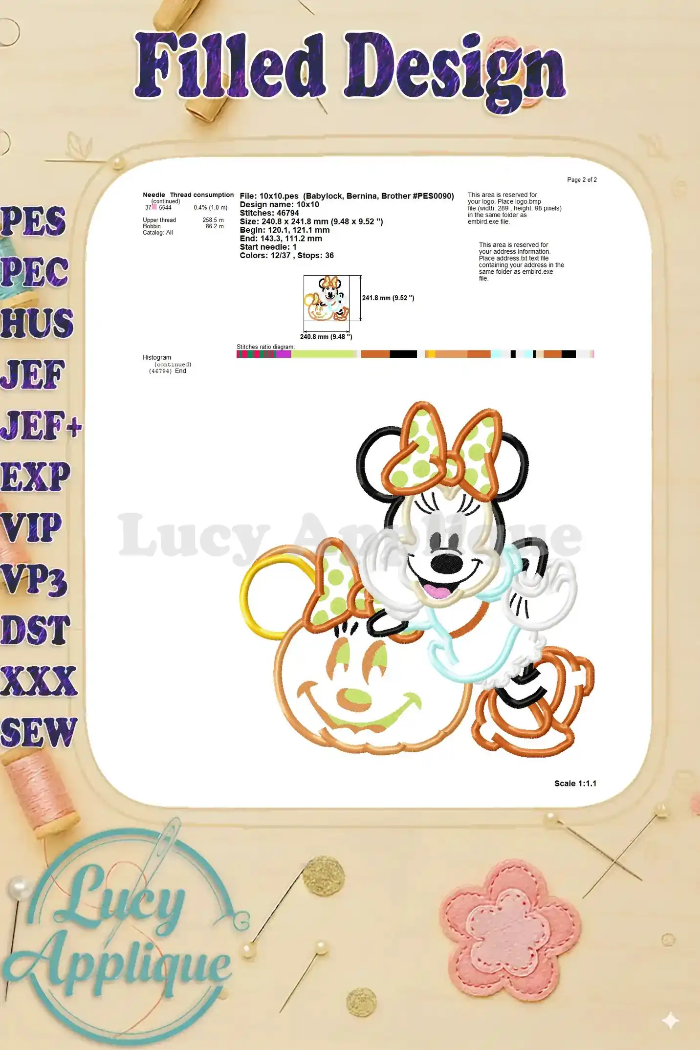 Additional information and details for the Pumpkin Minnie Mouse applique embroidery design, including a color chart and stitch count.