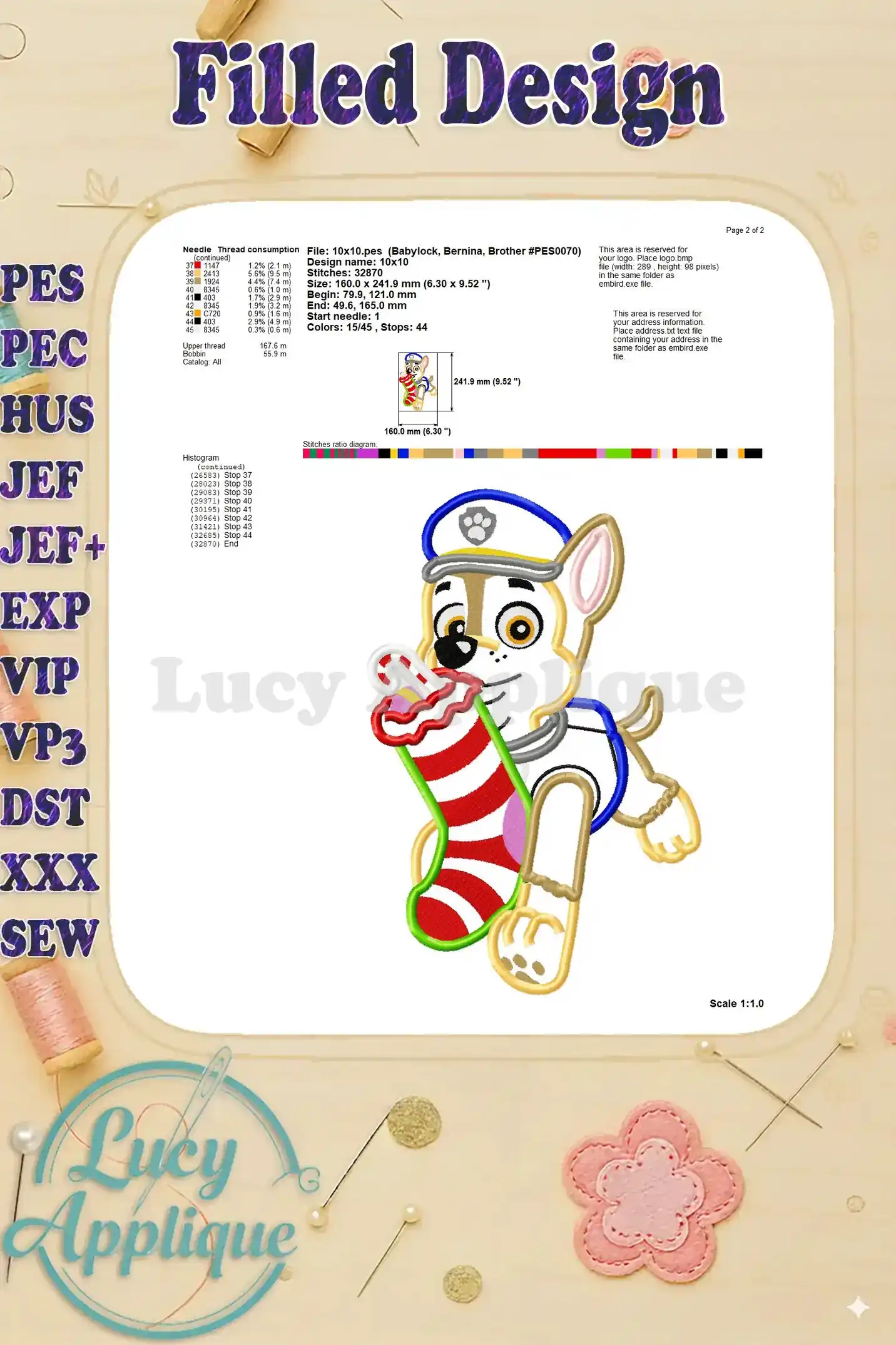 Filled design worksheet for the Paw Patrol applique, showing color chart, stitch details, and software information.