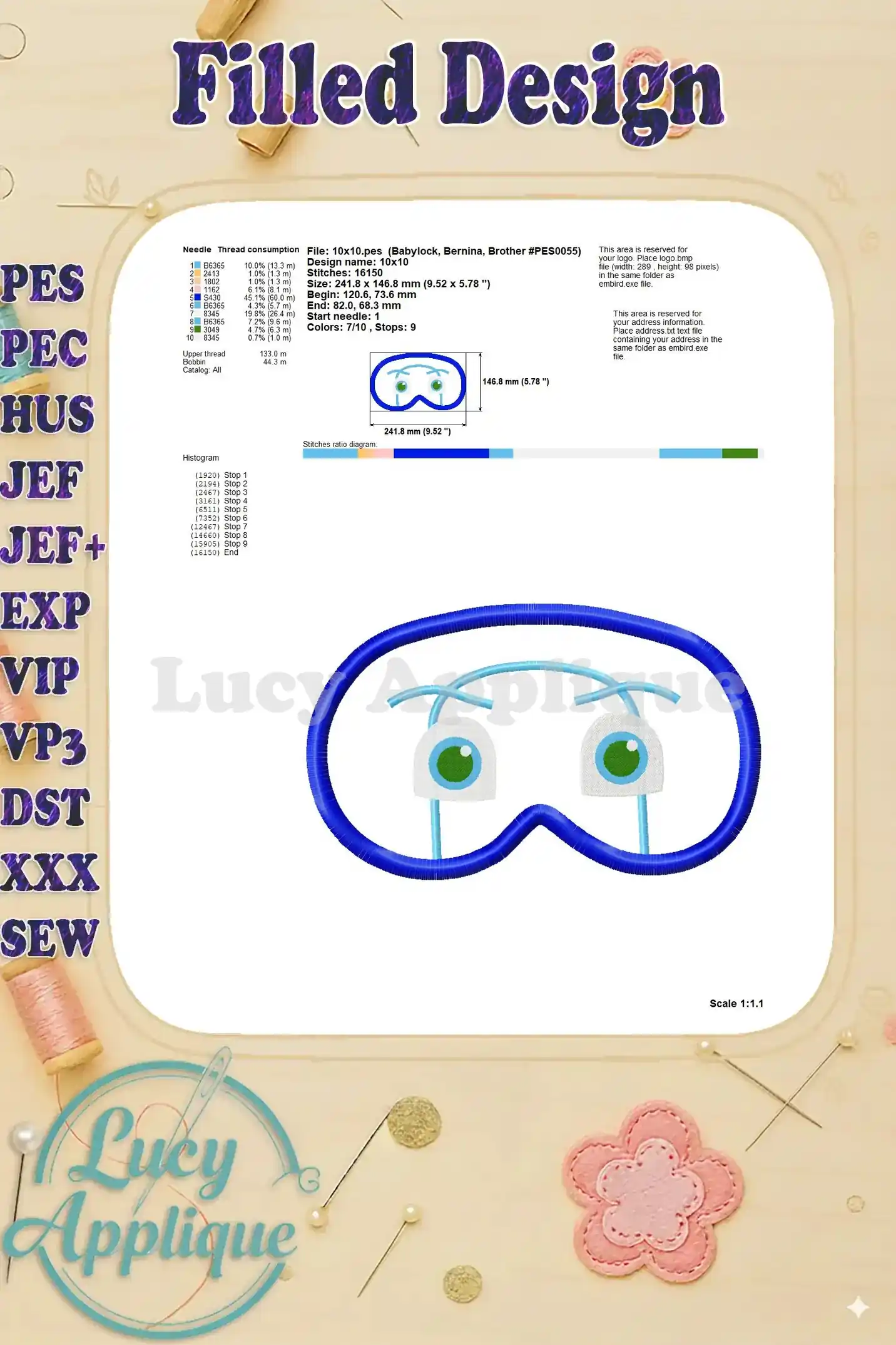 Detailed information for the filled design of the Night Ninja applique, including thread consumption, stitch details, and design dimensions.