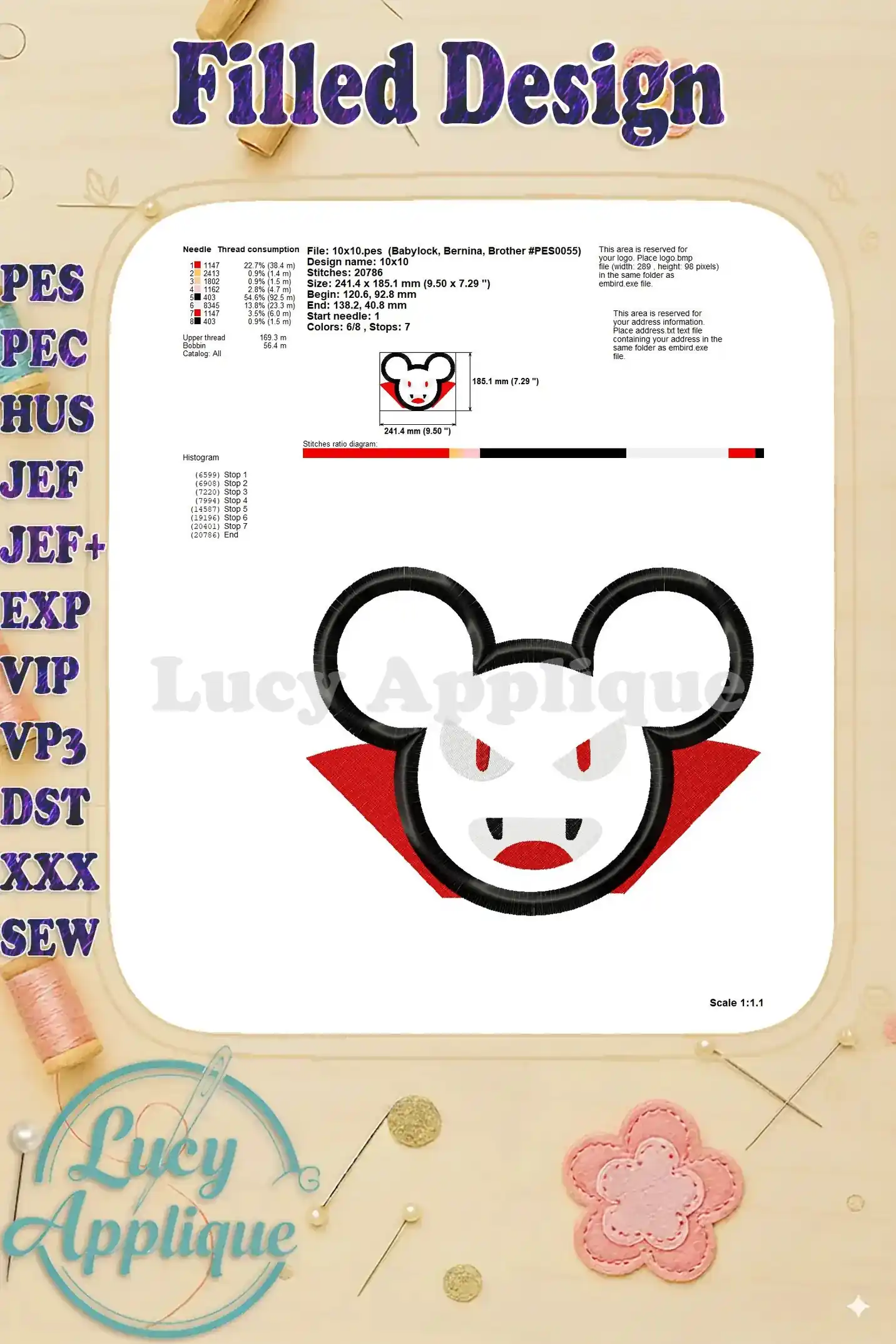 A filled design illustration with detailed specifications, including thread consumption, stitch counts, and hoop size, providing a complete guide for the Vampire Mickey Mouse applique.