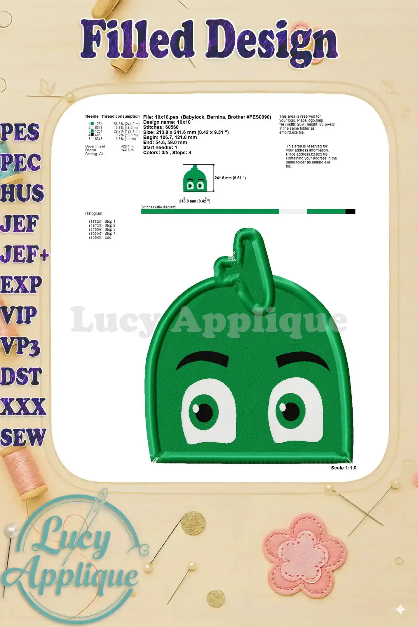 Detailed information on needle and thread consumption, design size, and stitch count. This is crucial for preparing for the embroidery process.