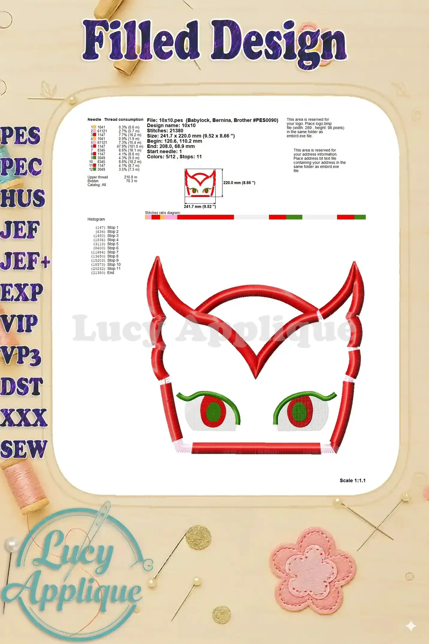 Detailed thread consumption chart and design specifications for the Owlette applique embroidery design.