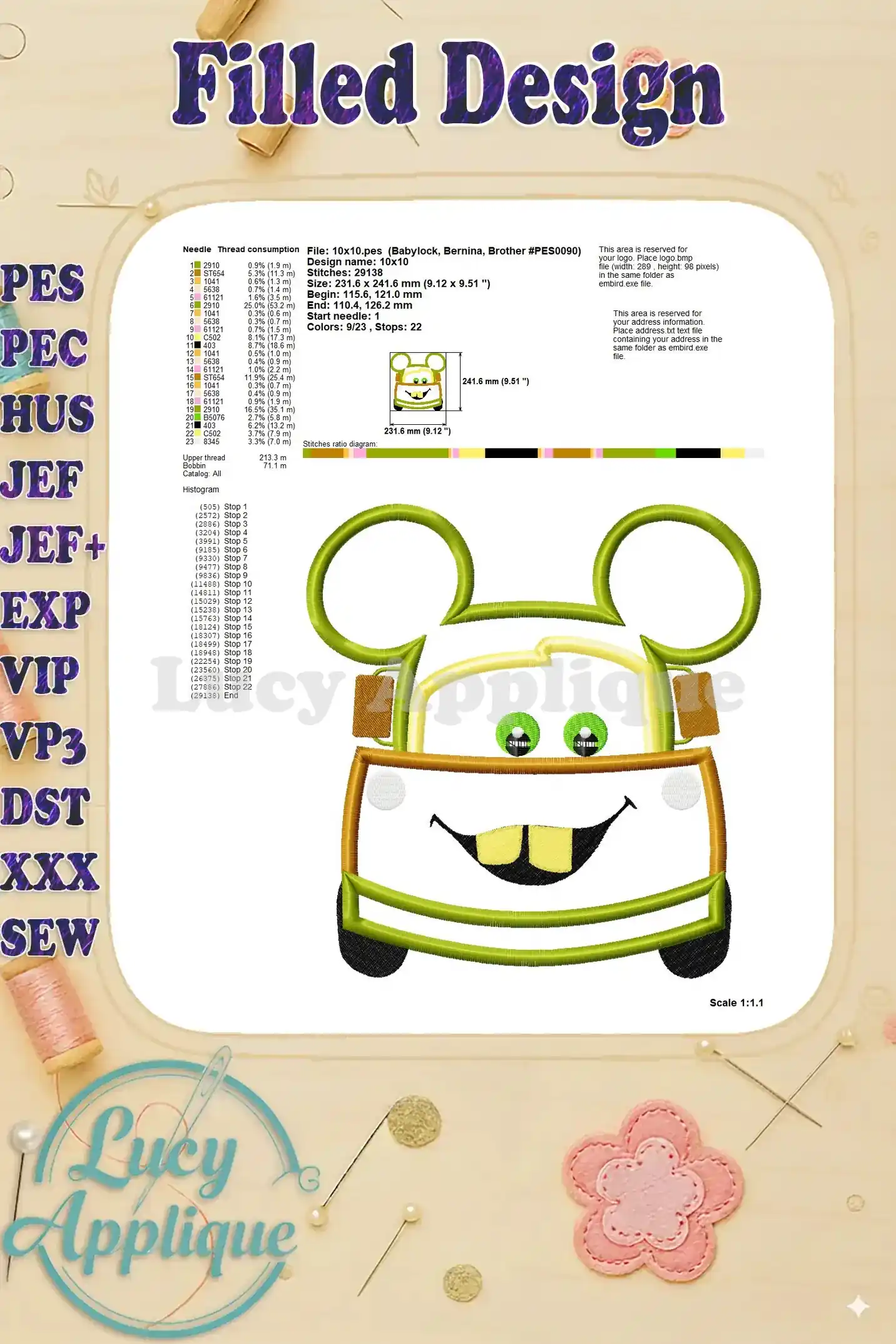 Detailed information about the thread consumption, stitch details, and design specifications for the Tow Mater embroidery design.