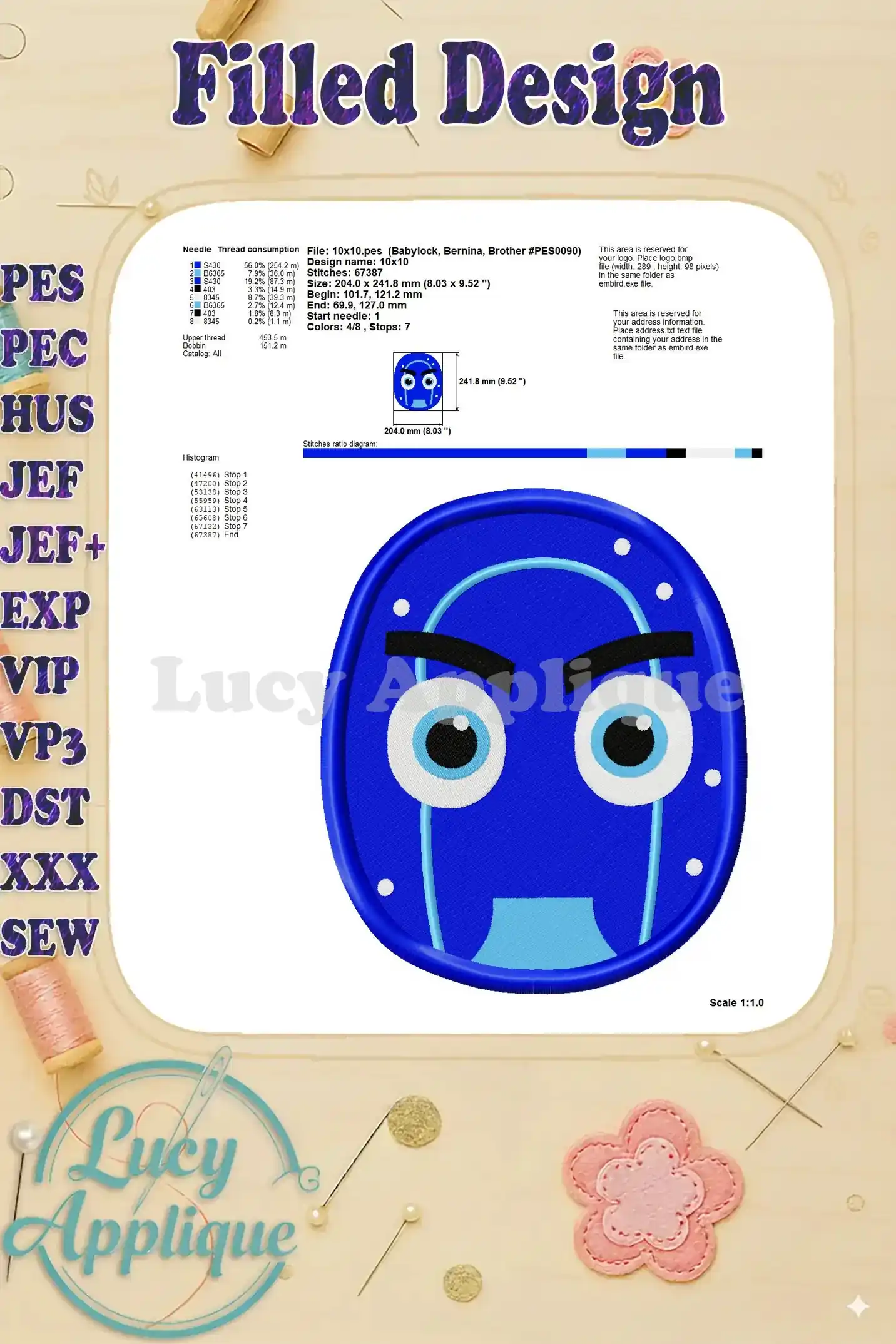 Embroidery design of Night Ninja from PJ Masks with a detailed needle thread consumption chart and design specifications for accurate machine embroidery.