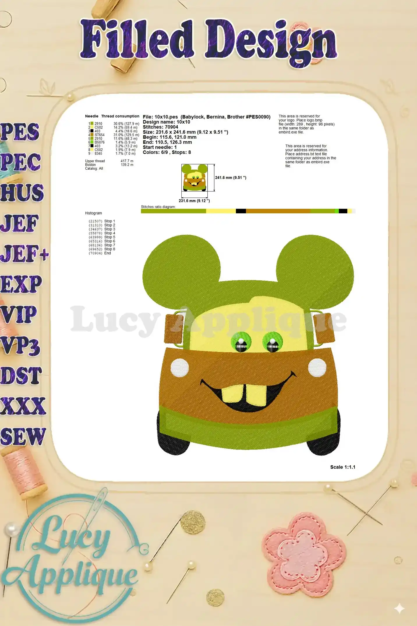 Detailed embroidery design diagram, showing stitch counts, dimensions, and needle information. A comprehensive guide for stitching.
