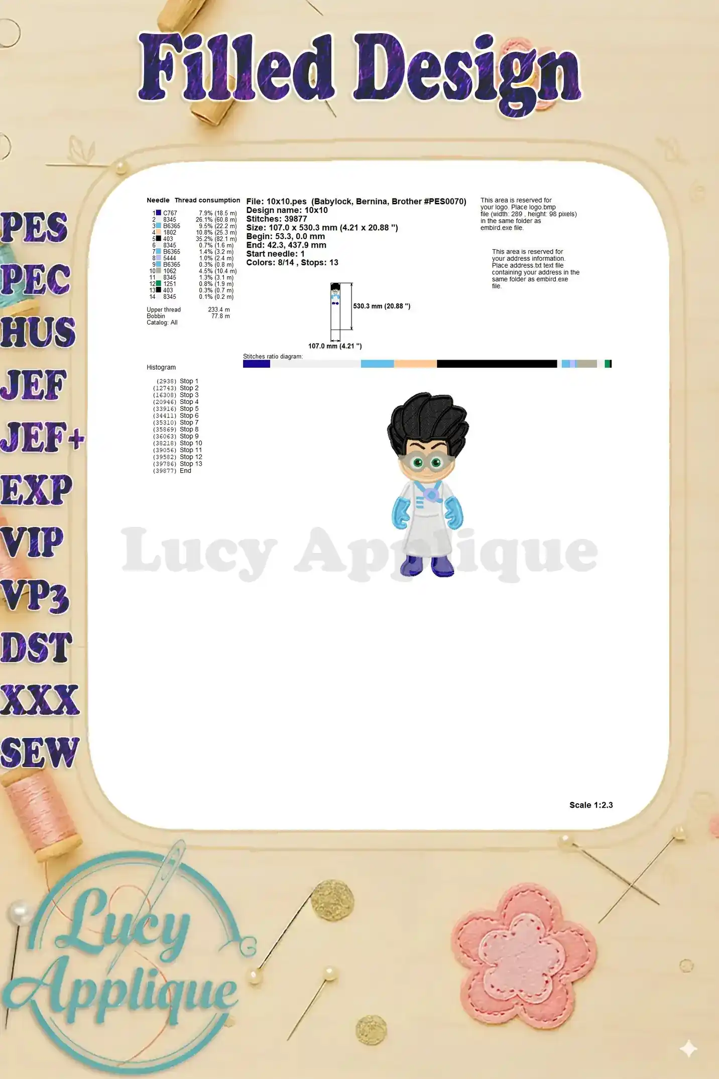 Detailed information about needle and thread consumption, stitch diagram, and other essential details for the Romeo PJ Masks embroidery.