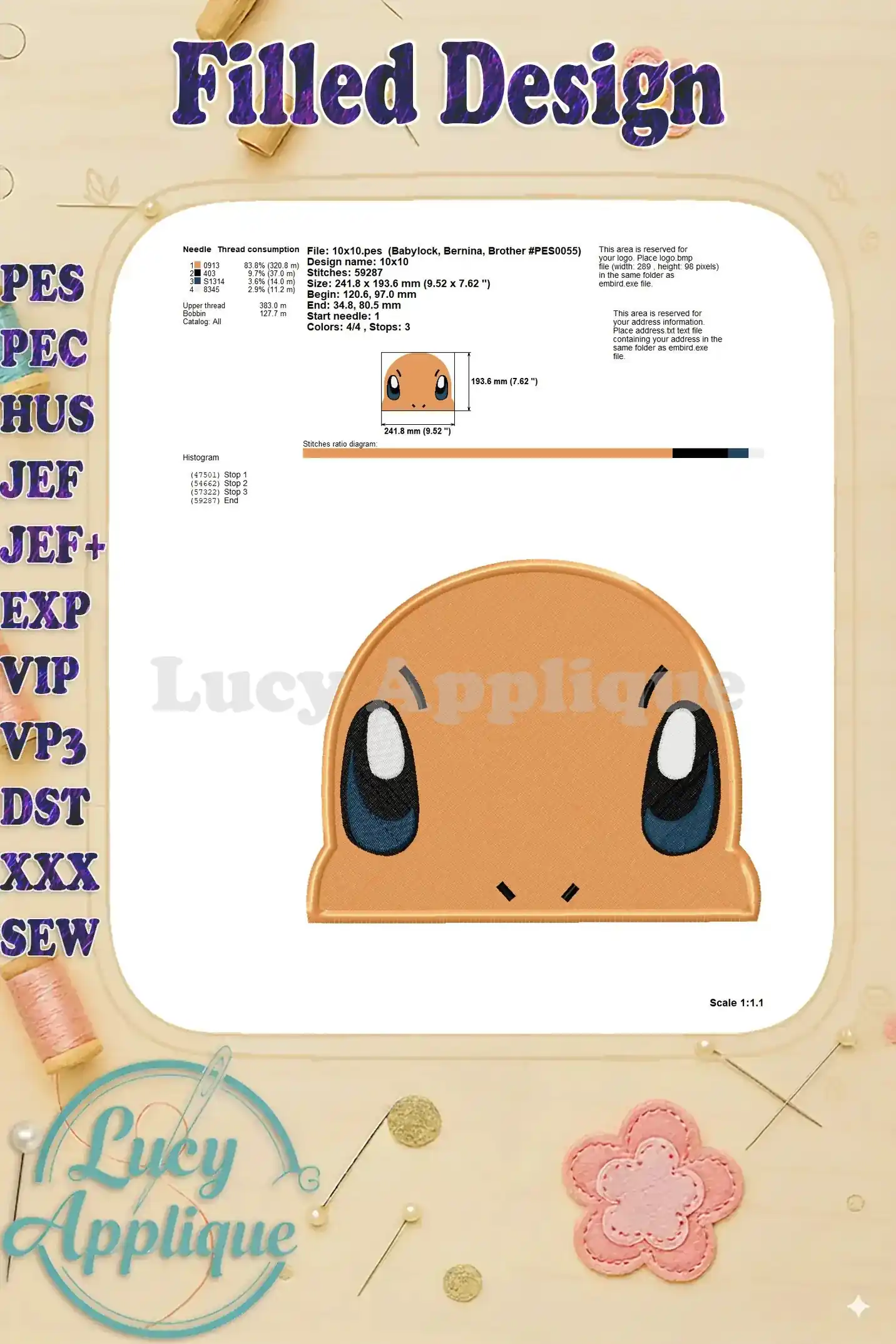 Needle and thread information for the Charmander embroidery design, including thread consumption and start/stop points.