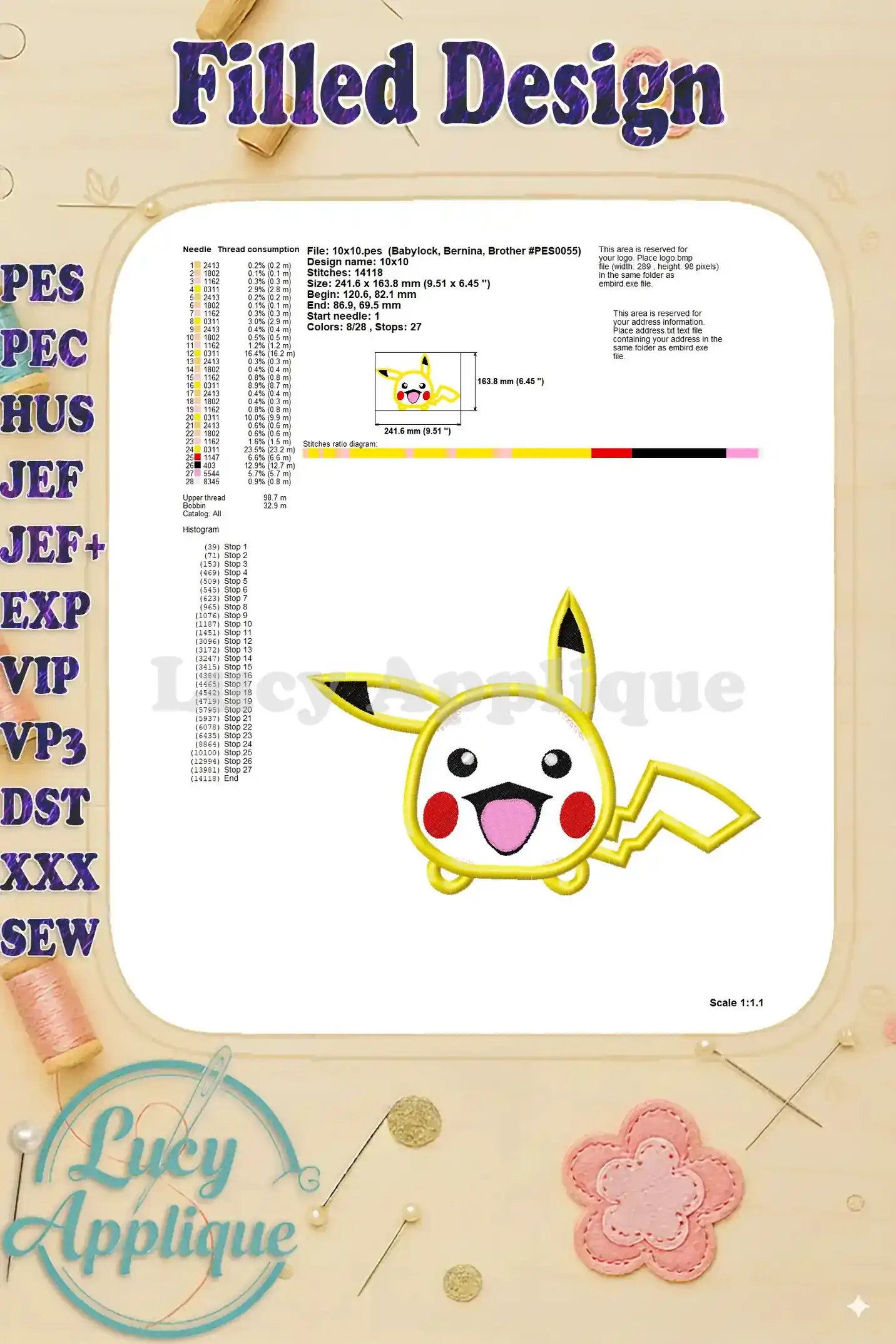 Detailed information regarding thread consumption, stitch counts, and other technical specifications for the Tsum Tsum Pikachu applique embroidery design.