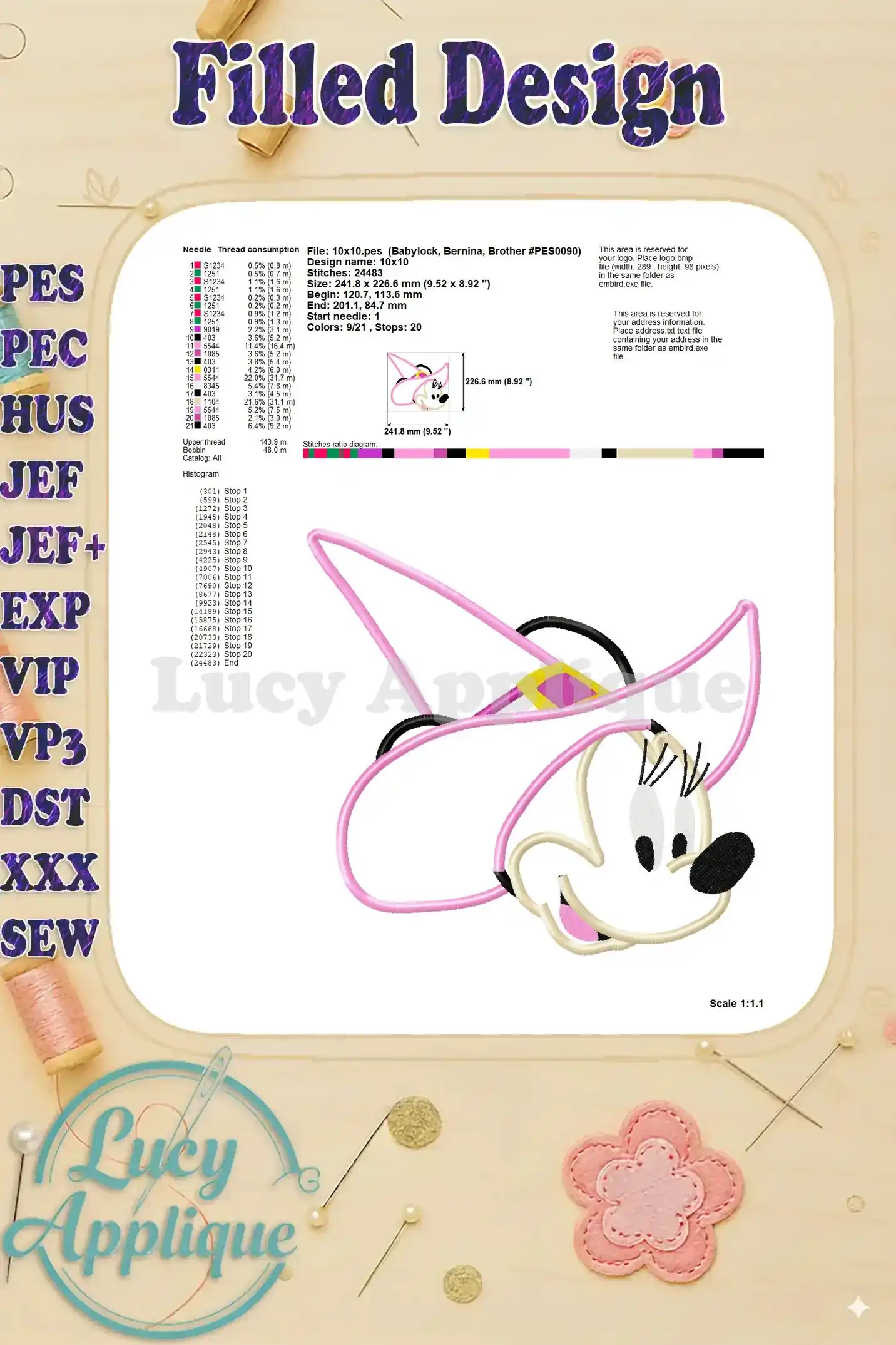 Detailed information about the filled design of the Witch Minnie Mouse applique, including stitch count, size, and other relevant specifications.