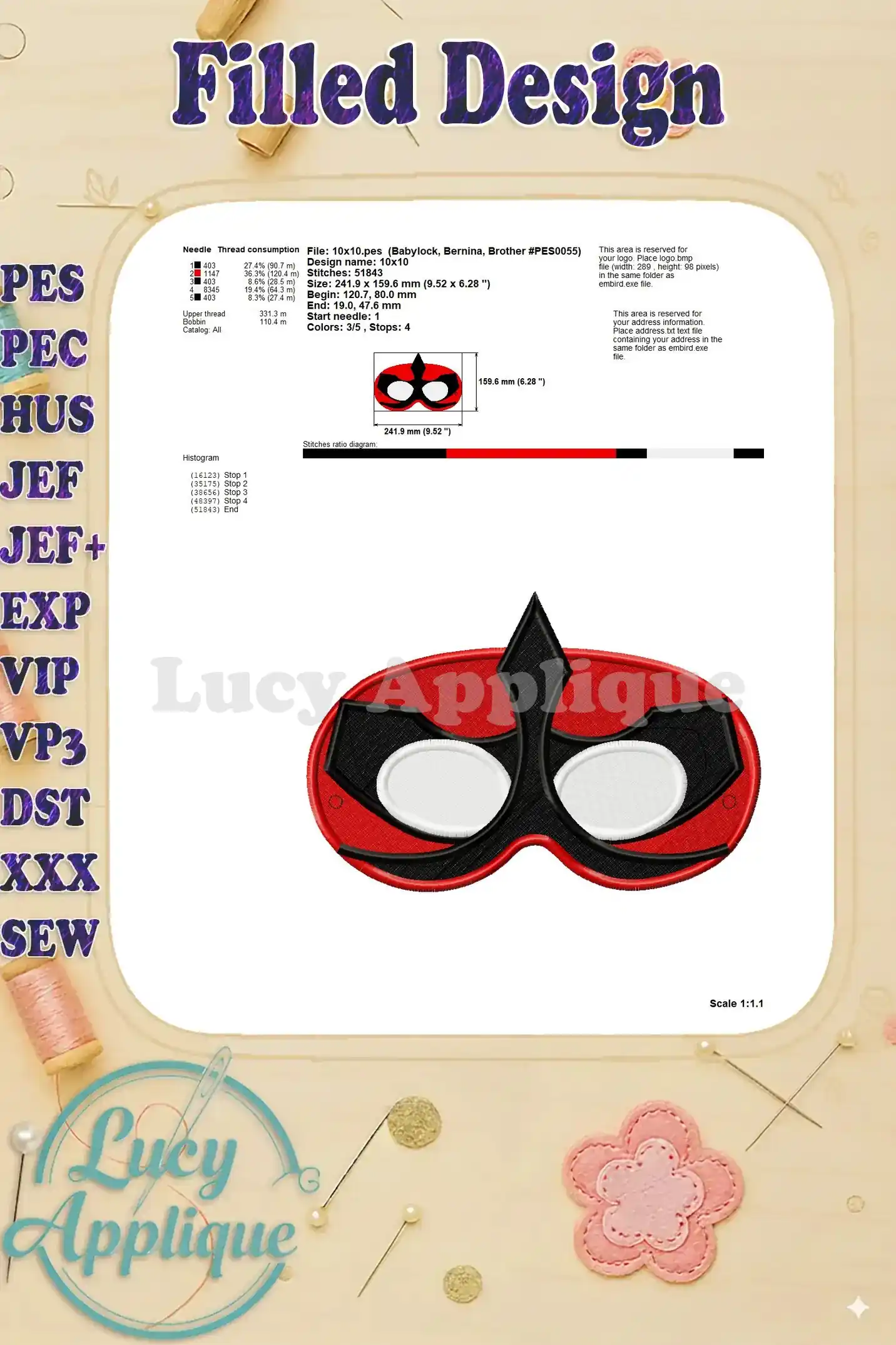 A comprehensive guide showing the thread consumption and stitch details for the Power Rangers Samurai mask embroidery design.