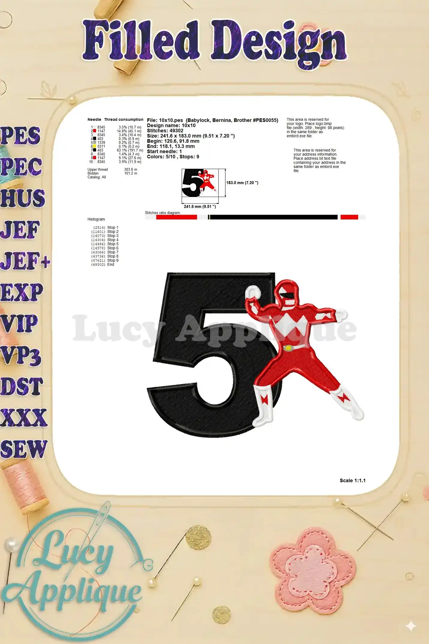 Needle and thread consumption chart, along with other design specifications for the Red Power Ranger embroidery.