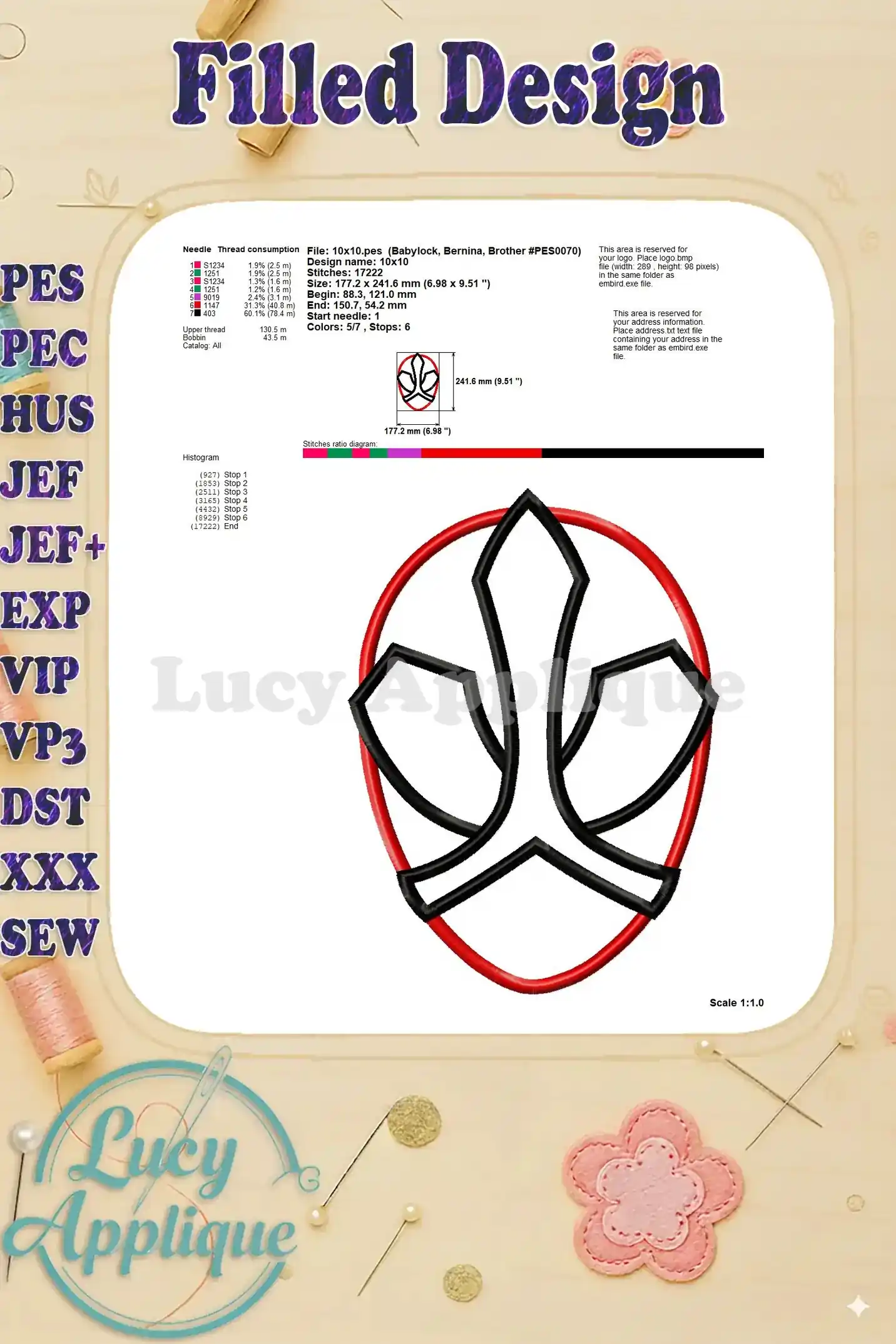 Detailed information about the filled Red Power Rangers head applique embroidery design, including needle specifications and stitch count for precise execution.