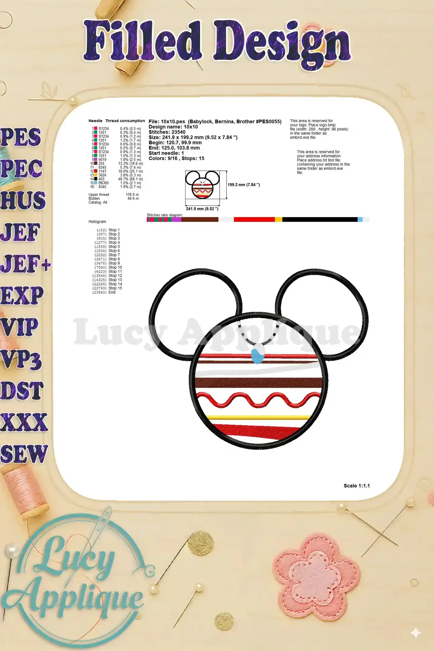 Image showing the filled design of the Moana Mickey Mouse ears embroidery design, including needle and thread consumption details. This is a helpful guide for embroiderers.