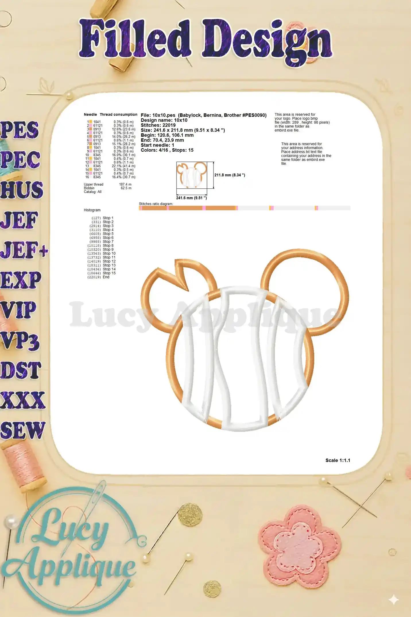 Needle and thread consumption details for the Nemo Mickey Mouse applique embroidery design, including hoop size and stitch count.