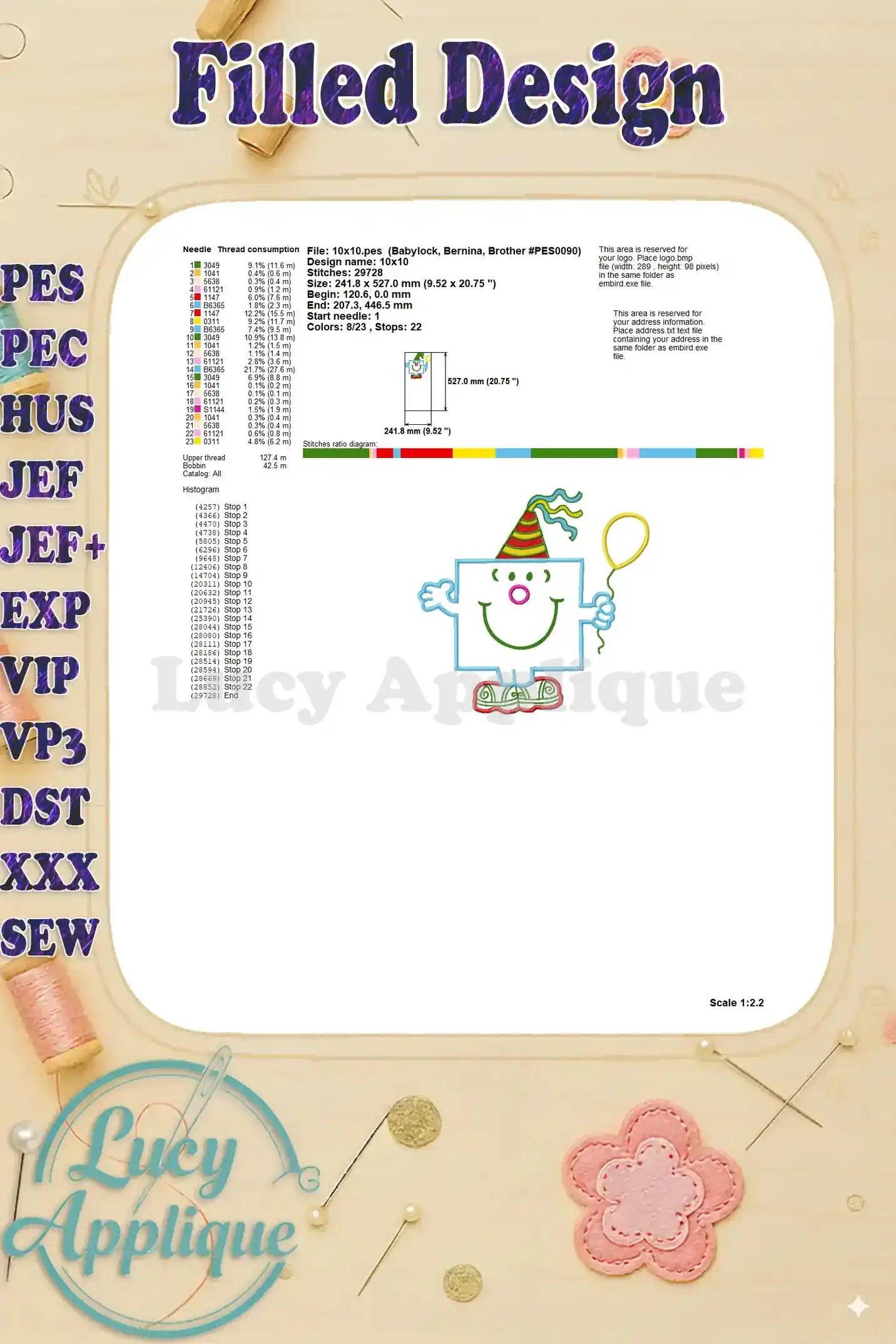 Detailed filled design information for the Mr. Men Mr. Birthday Applique Embroidery Design, including stitch count and thread usage.