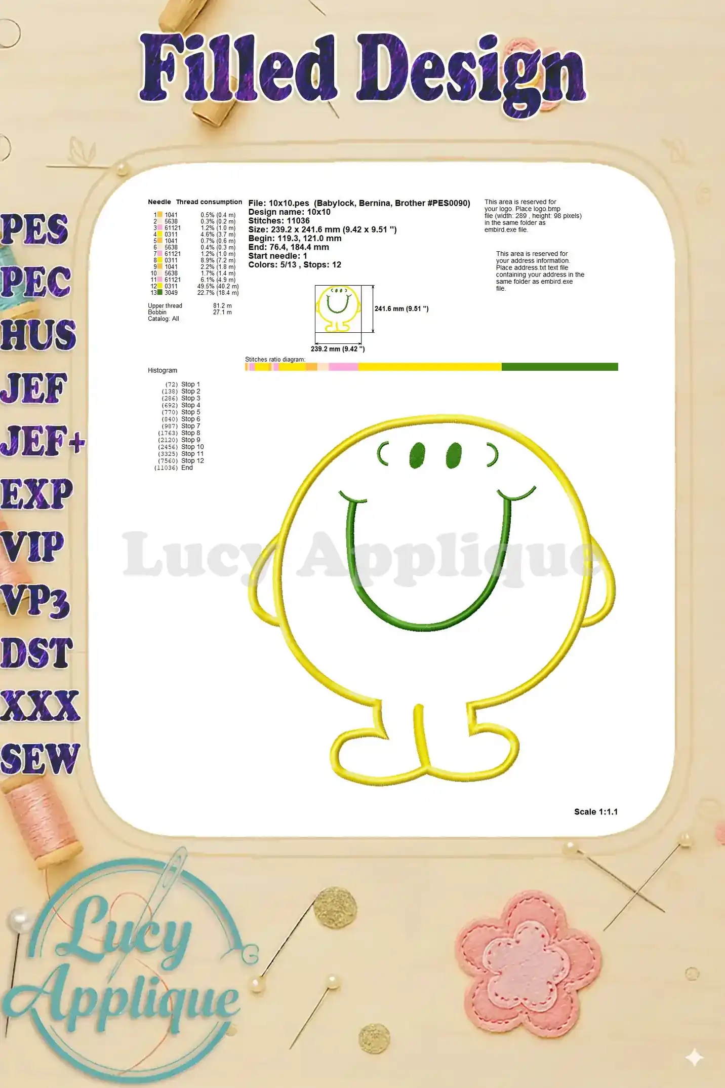 Detailed information for the filled Mr. Happy applique embroidery design, including needle type, thread consumption, and stitch details.