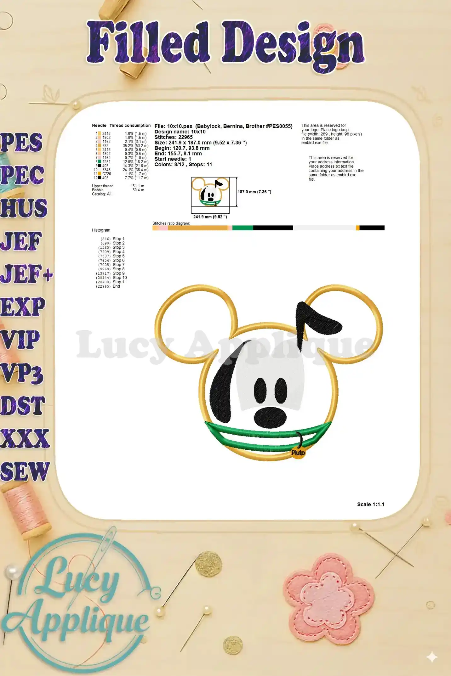 A detailed technical drawing of the Pluto applique design, showing stitch information, dimensions, and thread consumption for precise embroidery.