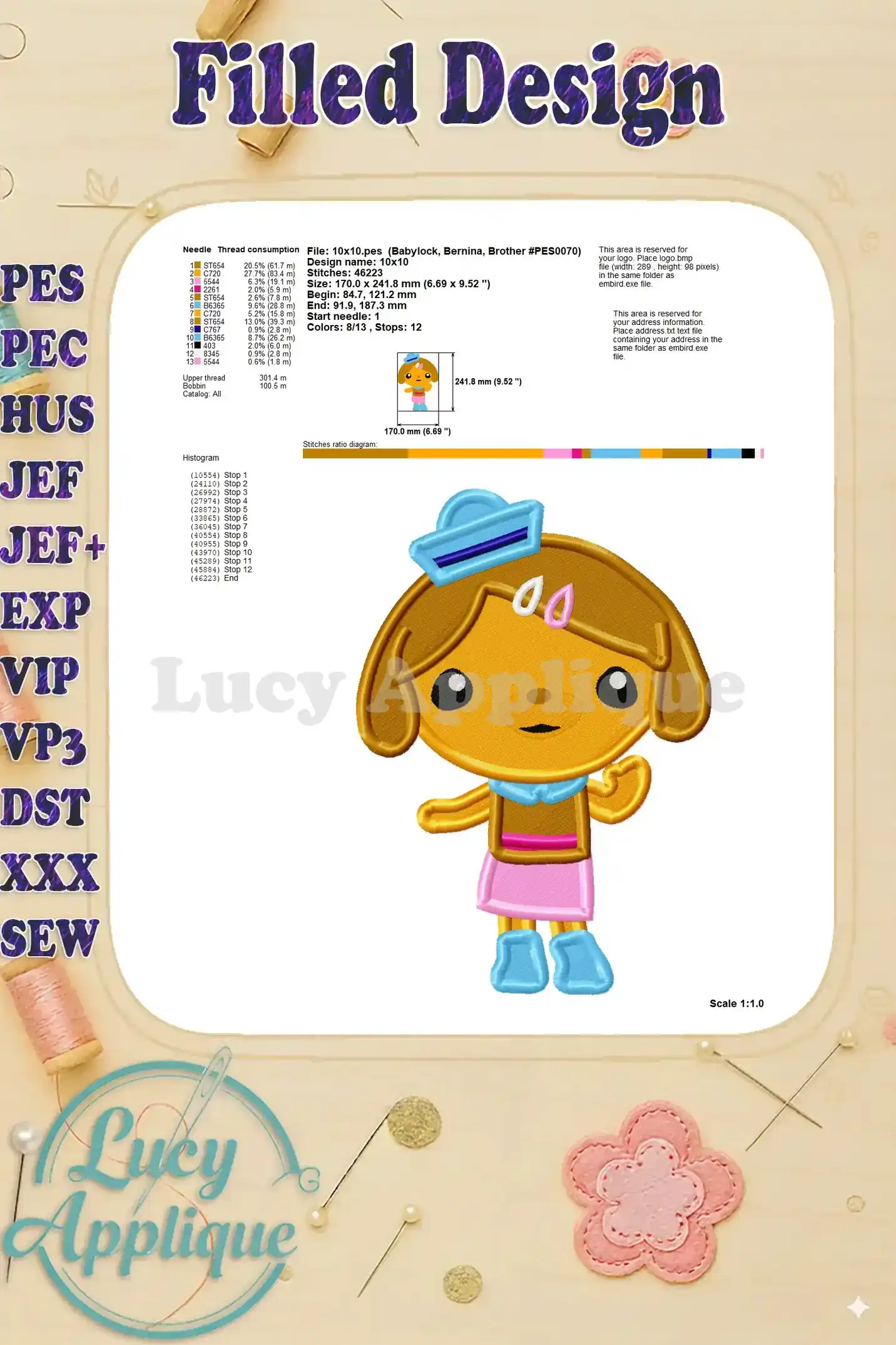 Needle and thread details for the Dashi embroidery design, including thread consumption and relevant project specifications.