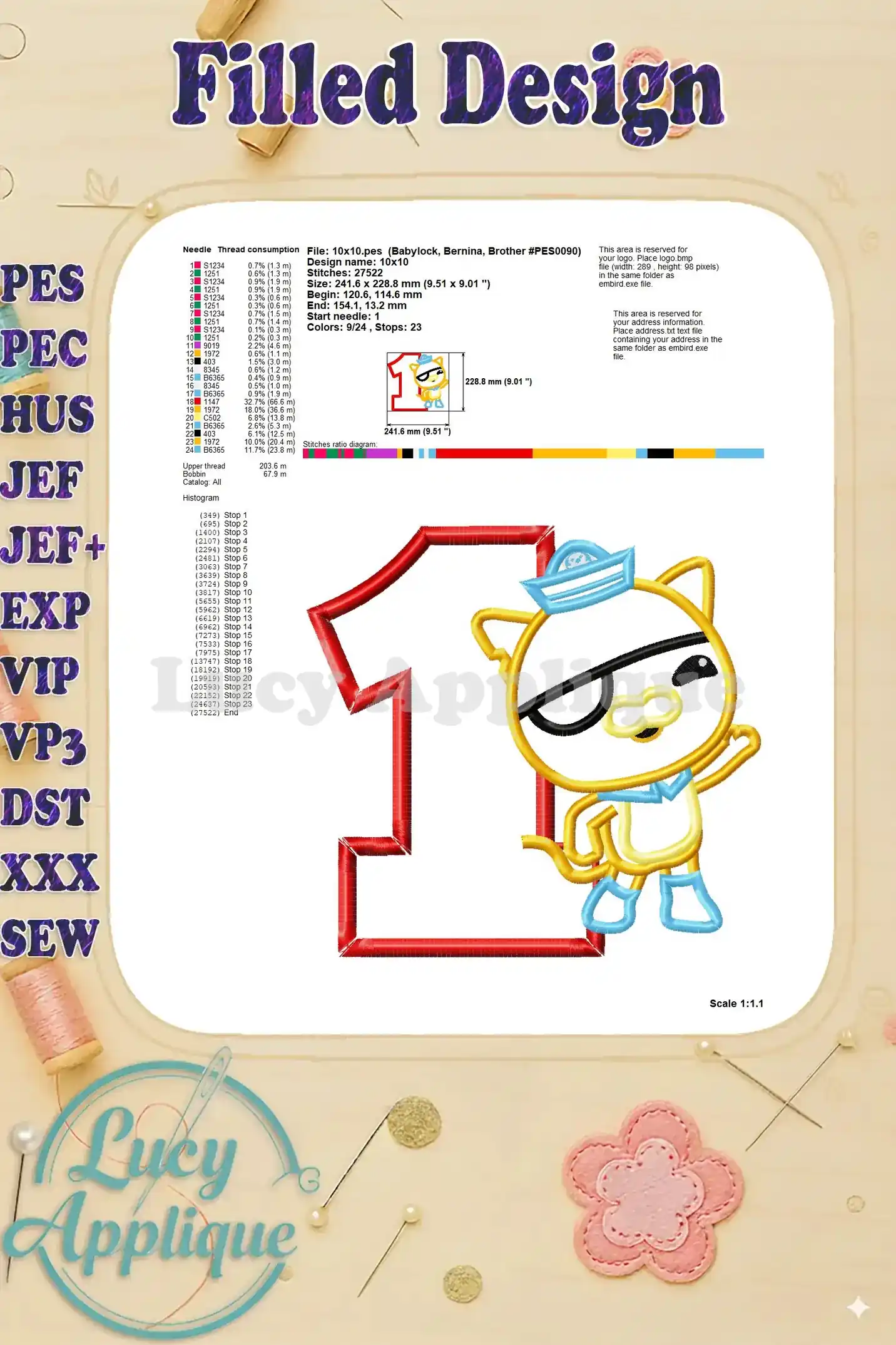 Filled design showing the completed Kwazii Kitten applique embroidery design, with details on thread usage and stitch count.