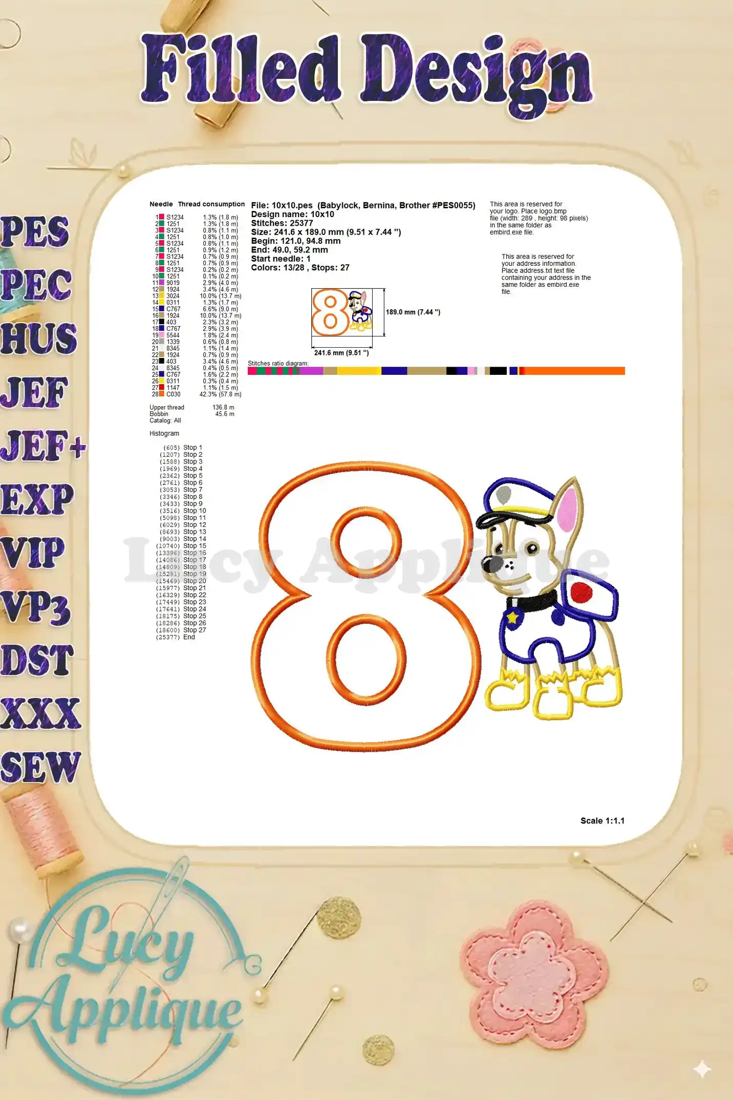 Detailed information for the filled design of the Chase Paw Patrol birthday number 8 applique embroidery design, including needle, thread consumption, and size.