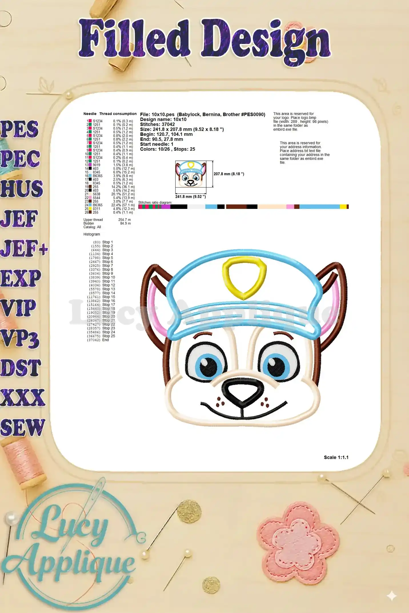 Detailed information and diagram for the filled Chase Paw Patrol embroidery design, including thread usage and stitch count.
