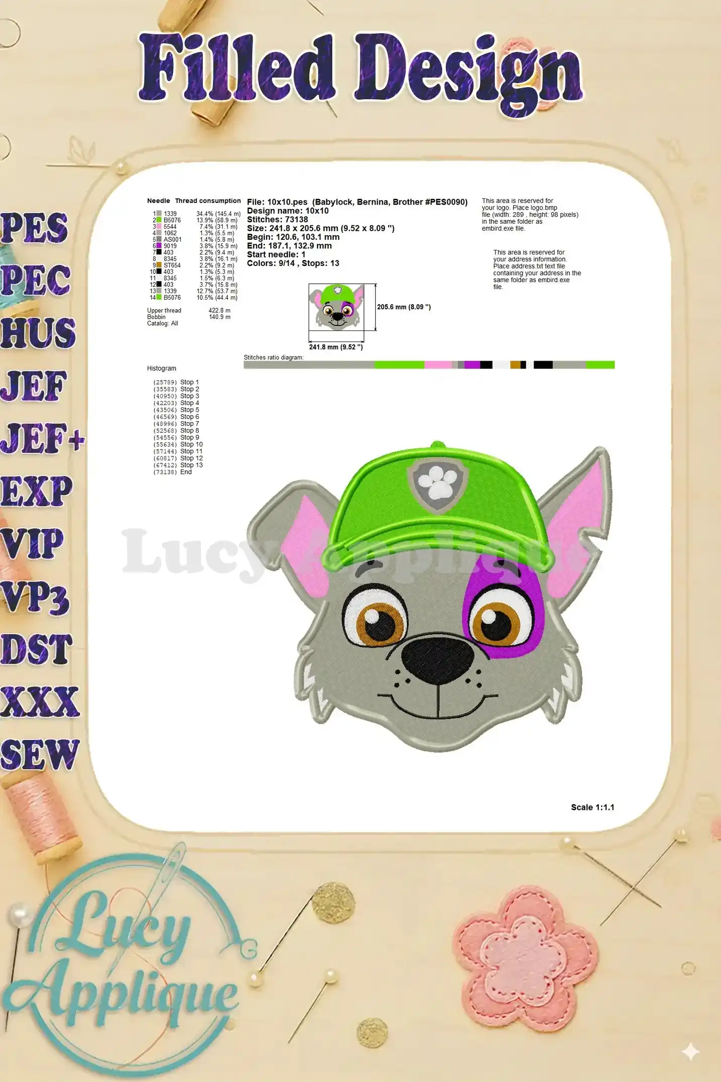 Needle and thread consumption chart for the Rocky embroidery design, providing details on the type of needle, thread used, and the amount needed for the project.