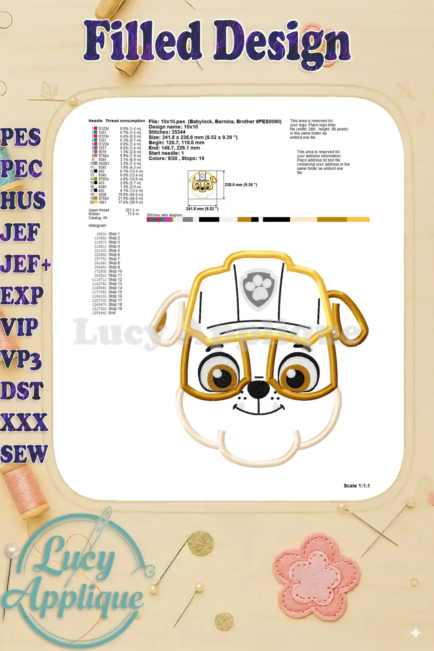 Detailed information on the filled design of the Rubble applique embroidery, including stitch counts, needle usage, and dimensions.