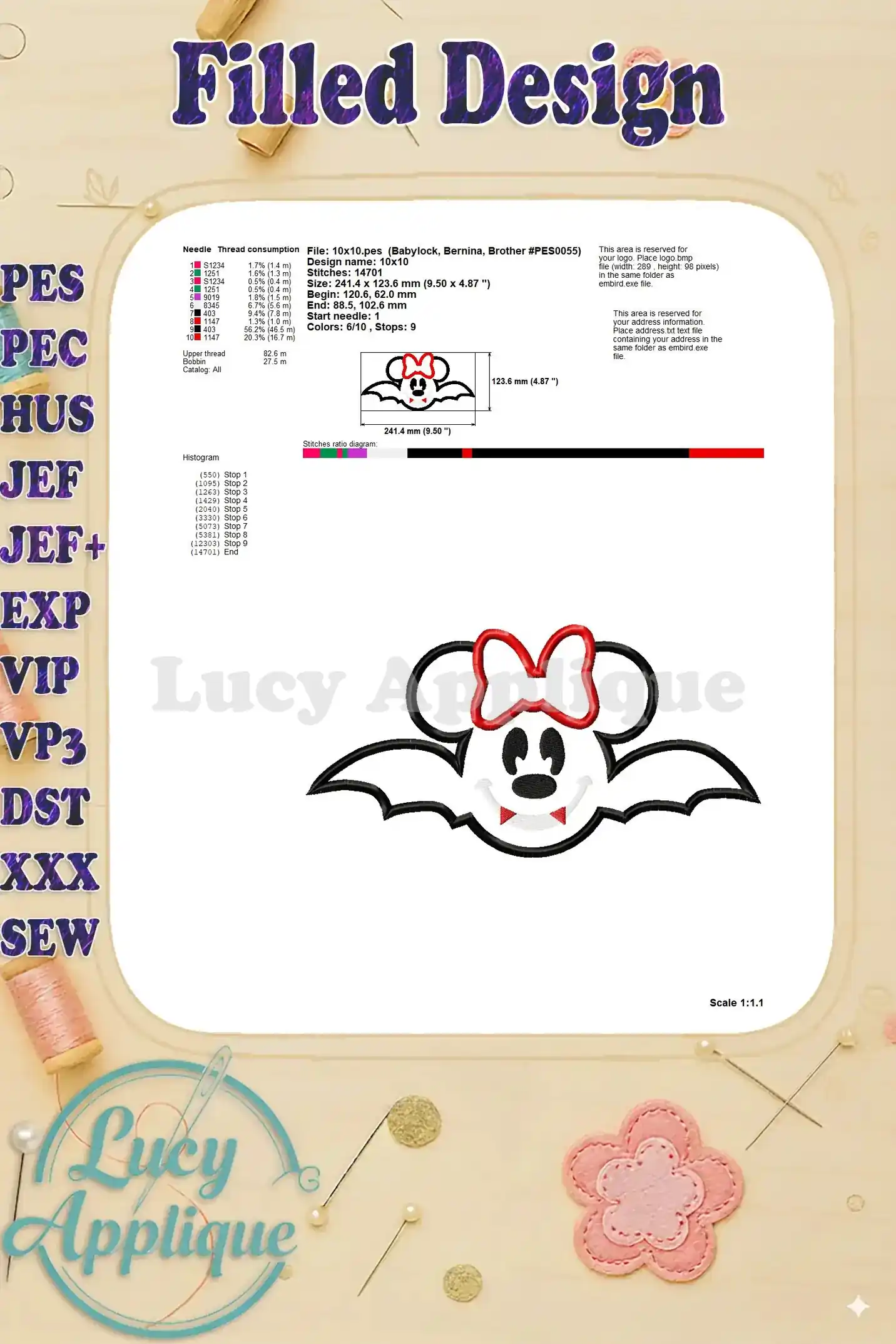 Detailed filled design image with information about needle, thread, and stitch details. Provides additional information on the design's specifications.