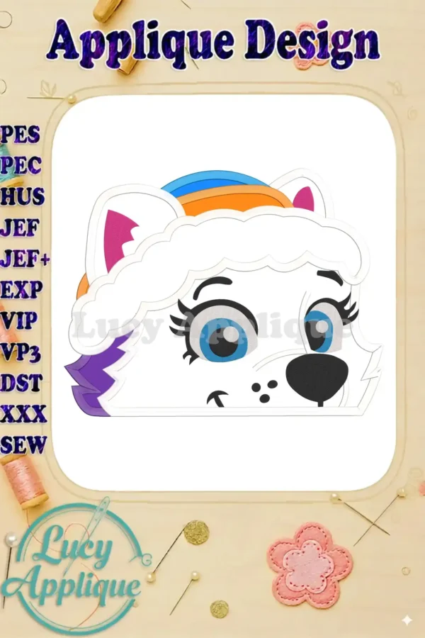 Everest Paw Patrol applique embroidery design. A charming white puppy head with rainbow headband, ready to be stitched. Perfect for kids' projects!